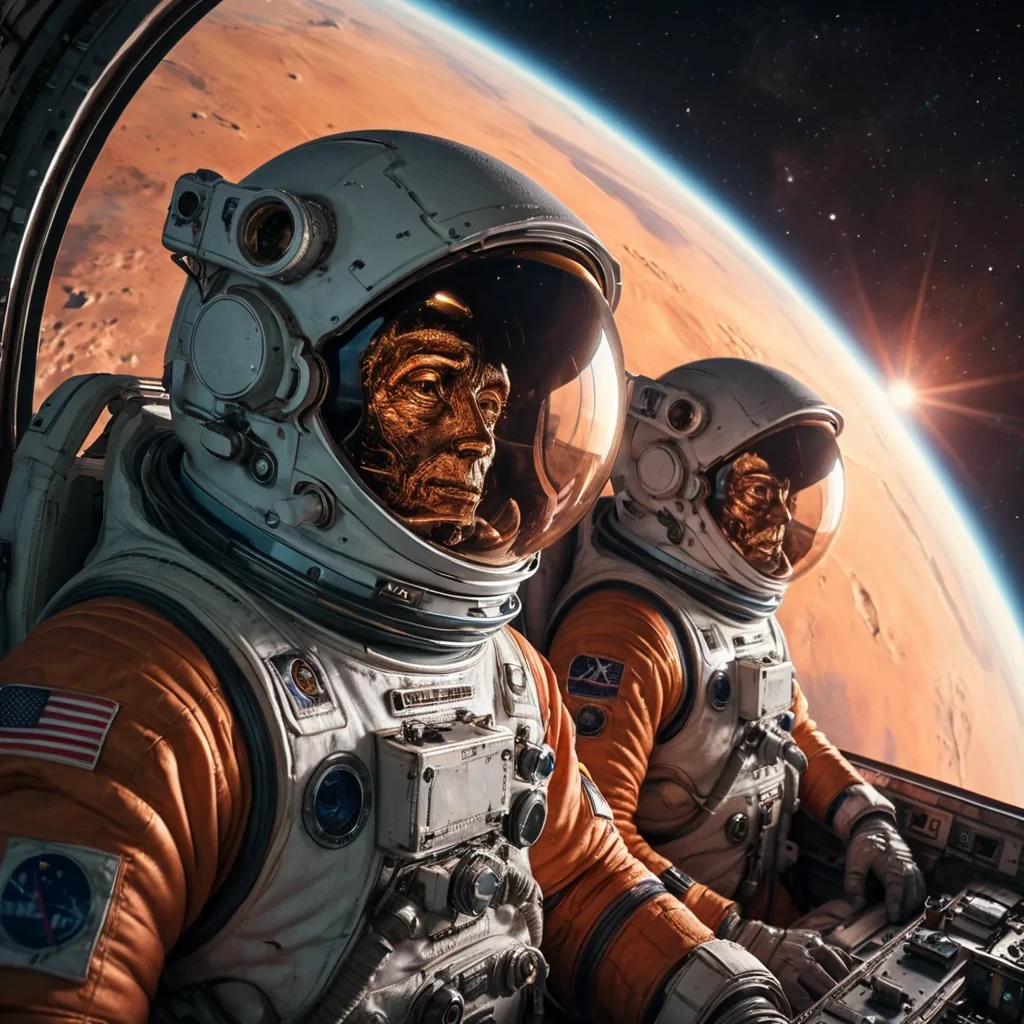 Orbital Sunset A lone, ancient astronaut, helmetless and serene, floats in the zerogravity void of a longabandoned space station. The stations rusted, decaying hull stretches out behind them, bathed in the warm, Ultra HD glow of a distant, binary sunset. Volumetric lighting casts dramatic shadows, accentuating the stations intricate, detailed textures. The astronauts eyes reflect the vibrant, pastel hues of the twin suns, their gaze fixed on the swirling, atmospheric clouds of a distant, alien planet. Photorealistic detail captures the astronauts weathered, wrinkled face, their expression a mix of melancholy and wonder. Soft focus and lens flare create a