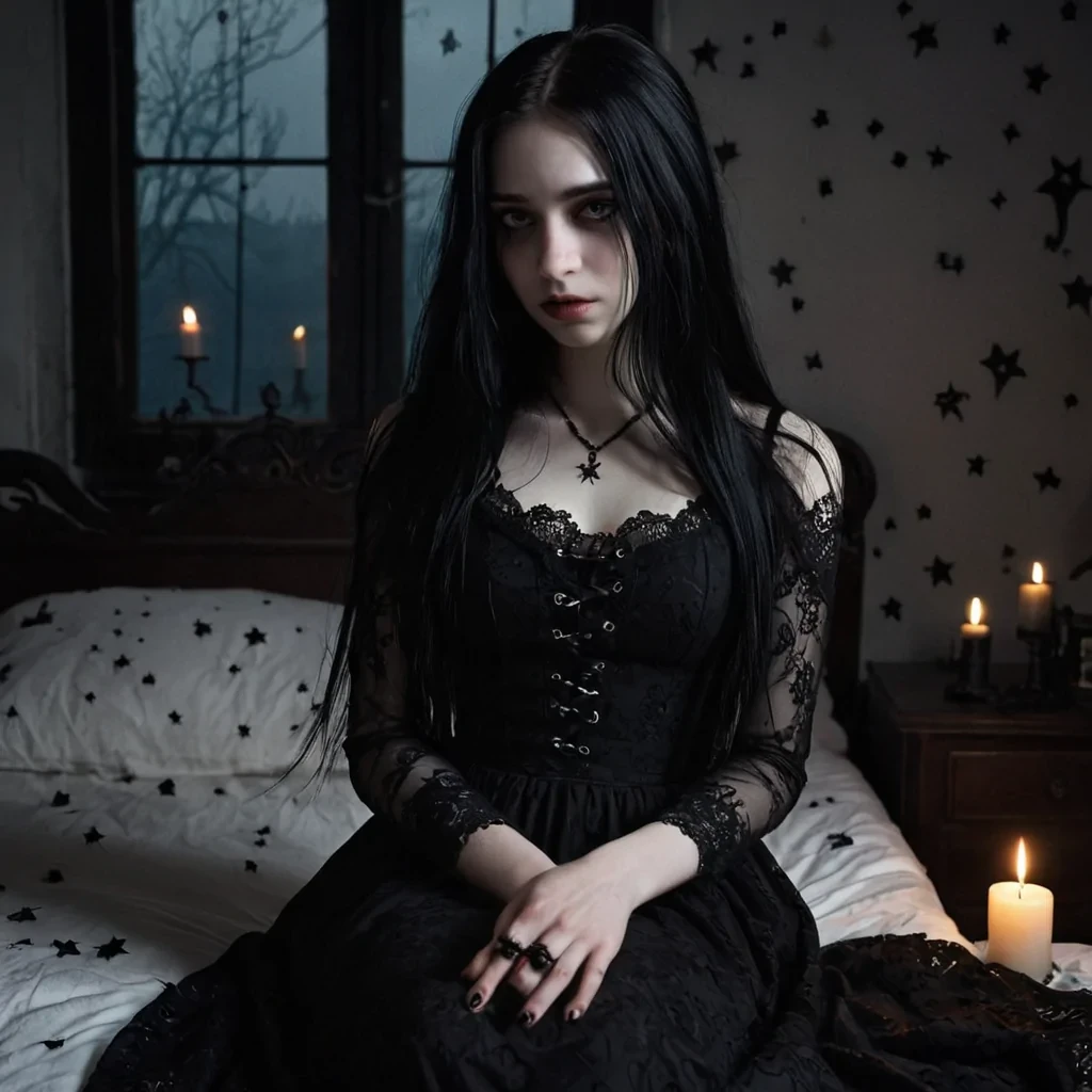 A young goth girl, around 17 years old, with long, smooth black hair and a pale white complexion, sitting in a dimly lit bedroom. She is wearing a black dress with intricate lace details and has blackpainted fingernails. Her face is marked by a bittersweet expression, with tears glistening in her eyes but a faint, melancholic smile on her lips. The setting is surrealoutside her bedroom window, the vast expanse of space is visible, filled with stars, nebulae, and distant galaxies, as if her room floats in the cosmos. The room has a cozy, gothic aesthetic with dark furniture, candles, and faint shadows. The mood is a mix of sadness and beauty, evoking a sense of mystery and wonder.
