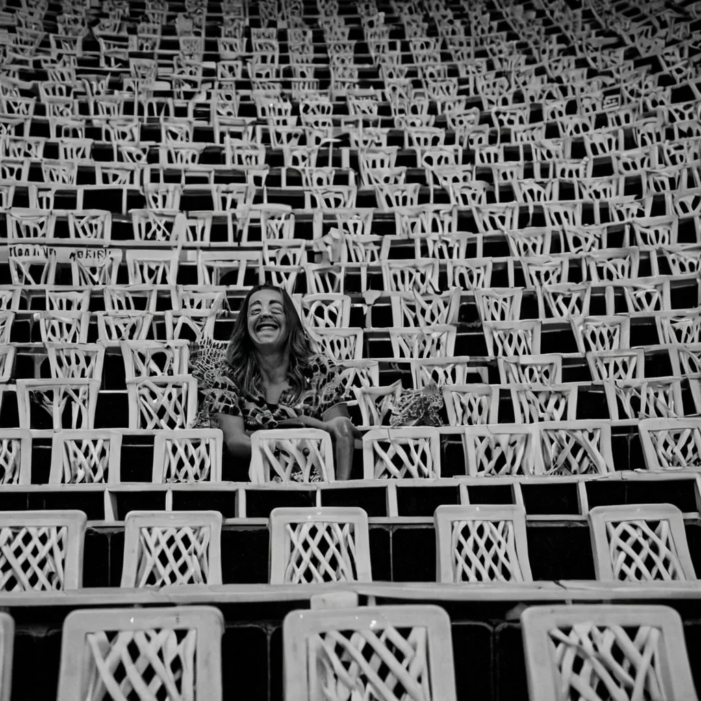 A single, selfoscillating lattice of reversed laughter, shaped like a 6,809dimensional net of unformed joy and inverted mirth, pulses through a vast, inverted amphitheater of solidified silence  each seat carved from the exact moment between a chuckle forming and its refusal to echo, a shared joke dissolving into nonaudible stillness, a grin spreading and collapsing into pure, unmeasured neutrality. The net does not resonate  it unresonates, each shimmering strand shedding a layer of emotional potential that never coalesced into collective amusement, reforming into ephemeral, goldthreaded afterimages shaped like the negative space between two shoulders that never leaned in to share a secret in