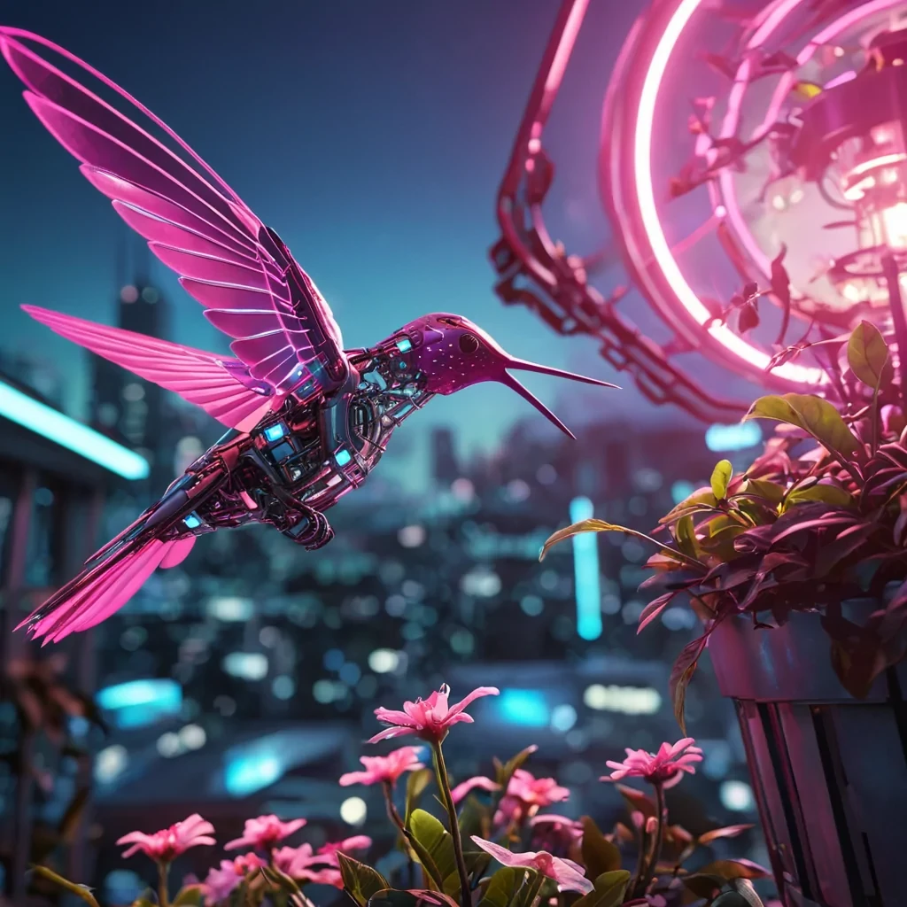 A lone, mechanical hummingbird hovers above a neonlit, futuristic rooftop garden filled with glowing, luminescent flora, hyperrealistic, 8K, cinematic lighting, volumetric lighting, atmospheric effects, dynamic lighting, bokeh effect, soft focus, lens flare, neon pinks, electric blues, and radiant whites, detailed textures.