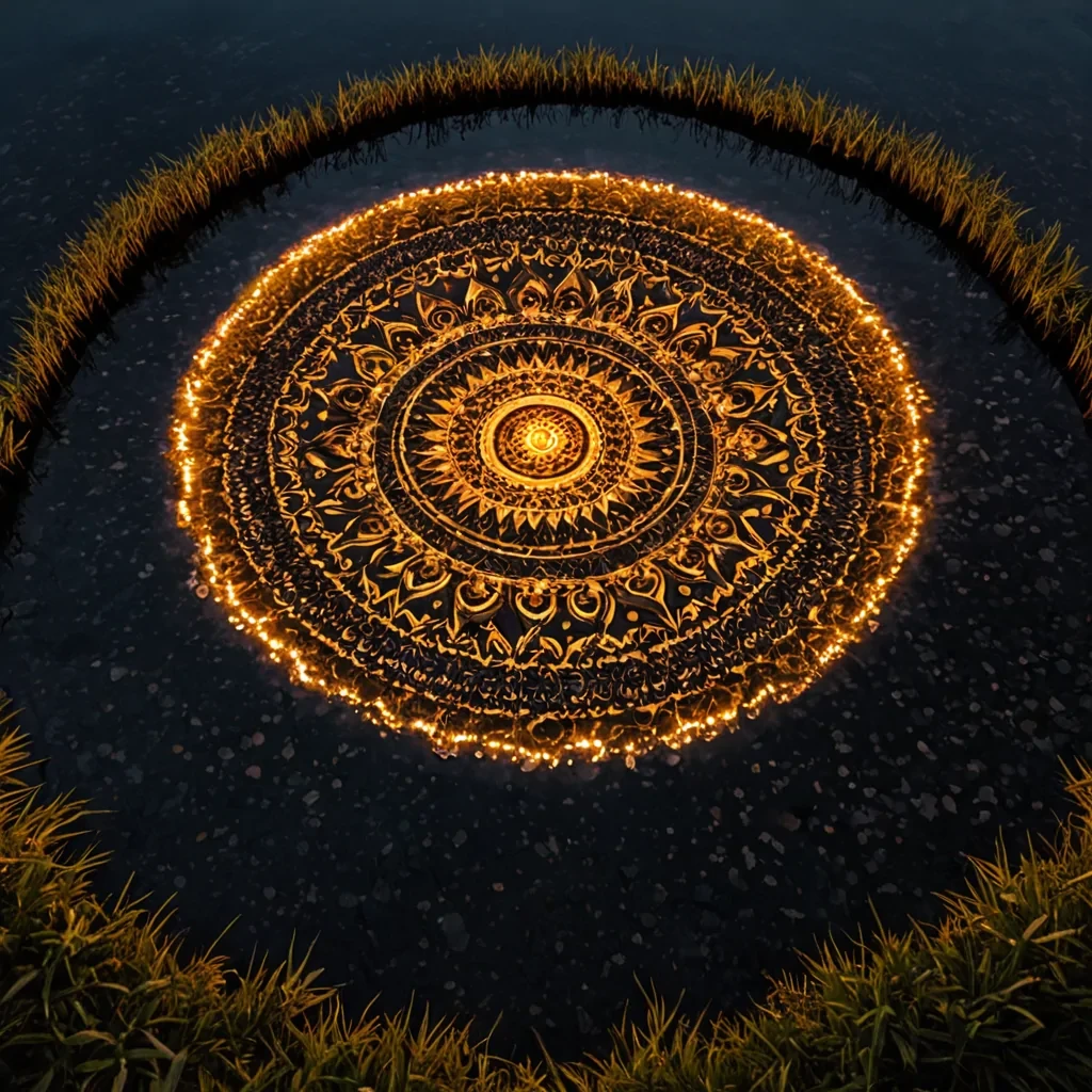 An overhead, birdseye view of a circular, sunken amphitheater constructed from polished, matteblack basalt, filled with still, inkdark water that perfectly mirrors the night sky above. Suspended just inches above the waters surface is a floating, intricate mandala made of thousands of interlocking, translucent amberhued glass shards, arranged in a complex geometric pattern that glows with a warm, internal firelight. The reflection of the mandala creates a duallayered optical illusion, blending the solid structure with its liquid duplicate. In the immediate foreground, a single, slender reed with silvertipped leaves pierces the waters surface, distorting the reflection with gentle ripples. The scene is illuminated by a soft,