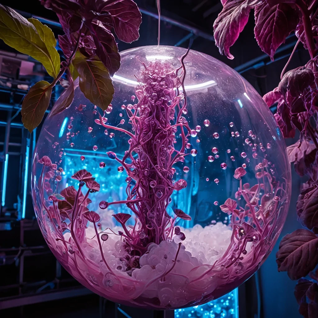 A vertical, highangle shot of a vertical hydroponic farm suspended in a void of warm, ambercolored steam, where the plants are not green but vibrant, deep magenta crystalline structures that grow in sharp, angular spirals. The nutrient solution flowing through the transparent tubes is a thick, glowing blue gel that pulses with a slow, rhythmic heartbeat. At the center of the frame, a large, spherical orb of pure white foam rises slowly, its surface textured with tiny, hexagonal bubbles that reflect the surrounding pink and blue lights. The composition is tightly cropped, focusing on the intricate details of the crystalline leaves and the viscous flow of the blue gel, with a soft, diffuse light source creating a dreamlike, ethereal