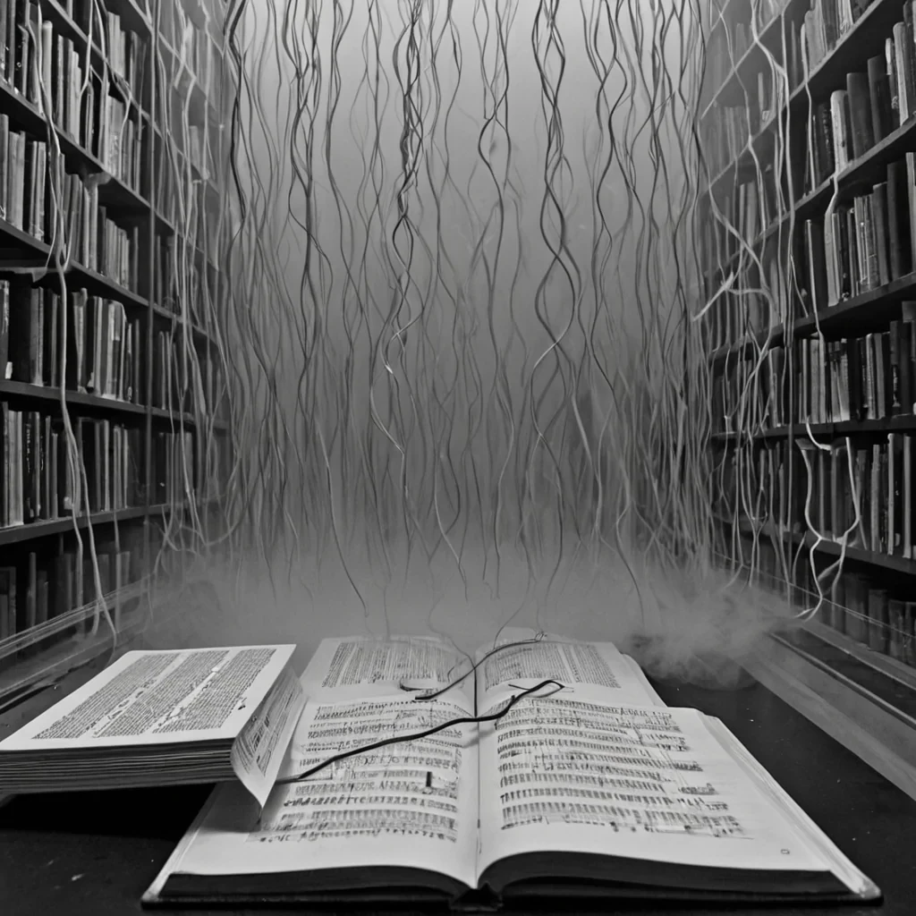 A single, selfigniting thread of reversed silence, shaped like a 7,001dimensional filament of unformed stillness and inverted quiet, pulses through a vast, inverted library of solidified sound  each book bound from the exact moment between a whisper escaping lips and its refusal to travel, a piano key being pressed and dissolving into nonresonant void, a heartbeat syncing with the walls and collapsing into pure, unmeasured nonvibration. The thread does not carry silence  it uncarries it, each trembling strand shedding a layer of acoustic potential that never coalesced into audible presence, reforming into ephemeral, obsidianveined mist that drifts like the breath of a forgotten language, diss