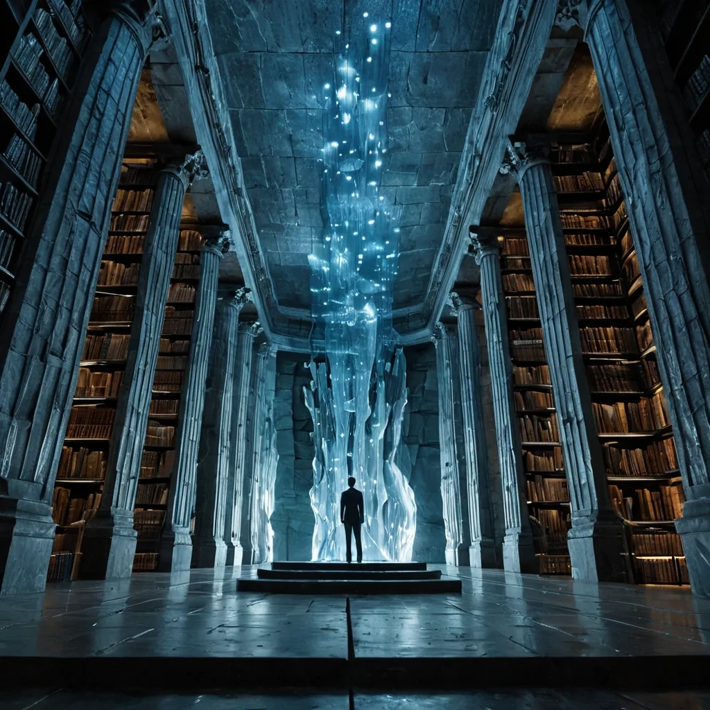 A wideangle, cinematic shot of a vast, subterranean library carved from smooth, translucent layers of blue and white quartz, where the shelves are replaced by towering, vertical columns of flowing, liquid mercury that shift and reshape themselves to display floating, holographic books made of solidified light. In the center of this luminous cavern, a solitary figure dressed in a tailored, charcoalgrey suit with subtle, glowing silver circuitry along the seams stands on a floating platform of polished black basalt, reaching out to touch a hovering tome that emits soft, warm golden particles. The air is thick with floating, microscopic dust motes that catch the cool, ethereal light emanating from the quartz walls, creating a serene, silent atmosphere. The lighting