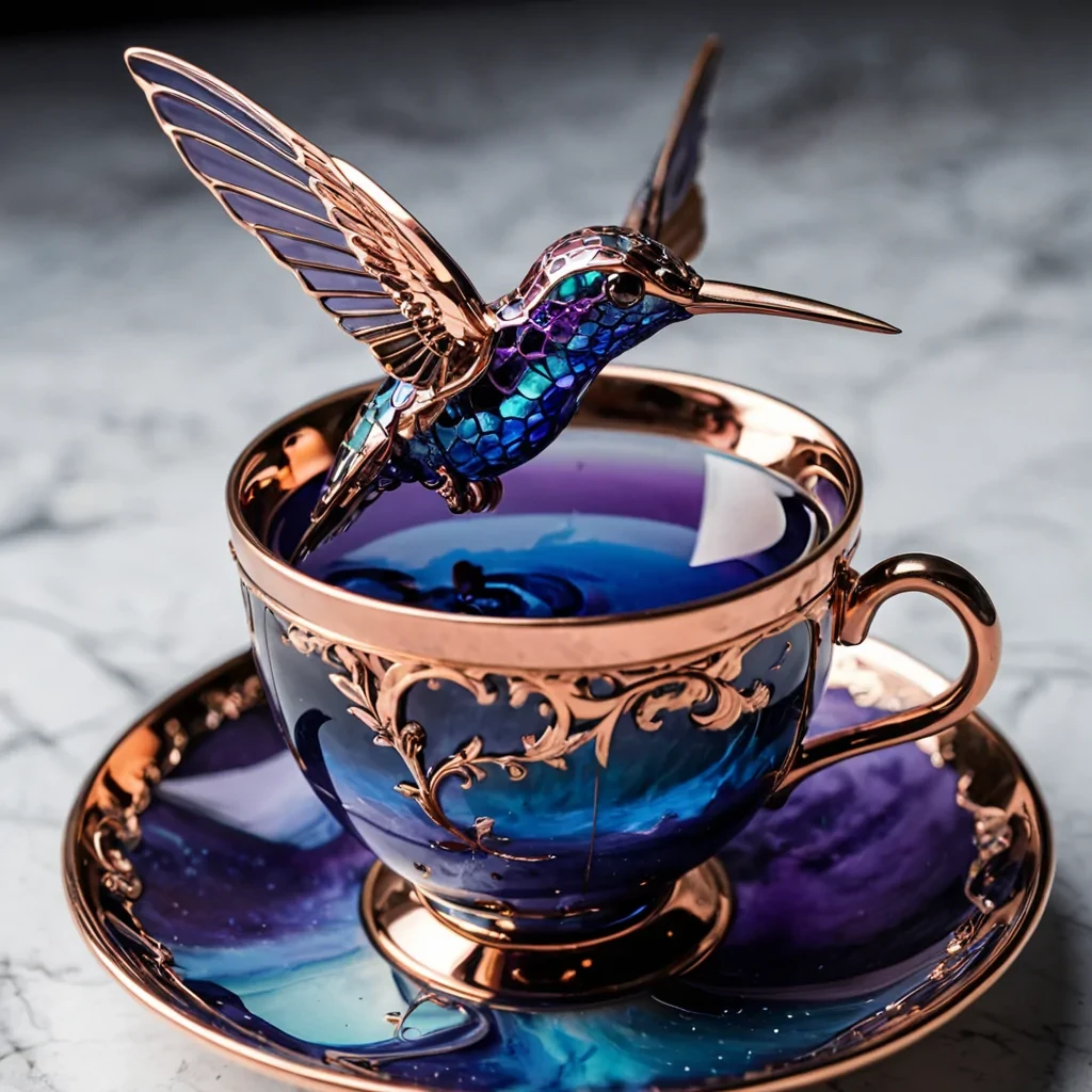 A horizontal, eyelevel extreme closeup macro shot of a colossal, mechanical hummingbird constructed from intricate layers of polished rose gold and translucent sapphire crystal, perched delicately on the edge of a massive, floating teacup made of white porcelain that cracks slightly under its weight. The teacup sits in midair above a vast, endless expanse of deep indigo velvet clouds that ripple like liquid silk. The hummingbirds wings are a blur of motion, captured as semitransparent shards of stained glass that refract light into sharp, prismatic beams. Inside the teacup, instead of tea, swirls a galaxy of tiny, glowing stars in hues of violet and cyan, emitting a soft, ethereal mist that curls around