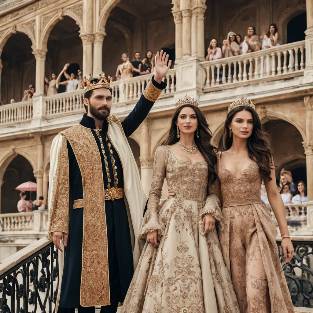 A very clear modern picture of a dark haired, modern handsome king with a beard along with beautifully dressed, brown haired women. They are standing on a palace terrace waving to the crowd below.