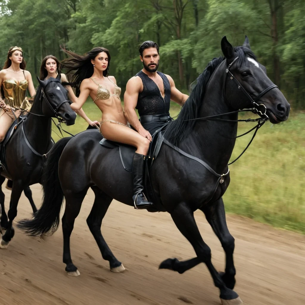 A dark haired, modern handsome king with a beard riding shining black horses along with beautiful, scantily dressed women. They are chasing a fox