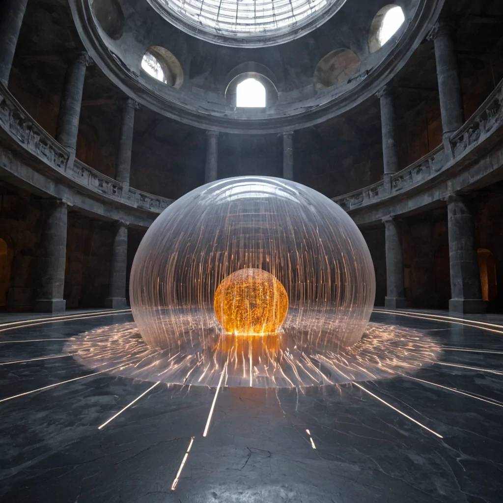 A vertical, highangle shot of a vast, silent coliseum constructed from layered, translucent sheets of compressed, frozen smoke in shades of pearl gray and pale violet, set within a cavernous, spherical chamber. The floor is a seamless expanse of dark, polished slate that mirrors the inverted architecture above. In the center, a massive, suspended sculpture made of interwoven, glowing amber fiberoptic strands forms a complex, abstract knot, pulsing with a slow, rhythmic light. Surrounding the central knot are dozens of small, autonomous robots made of brushed aluminum and soft, silicone skin, moving in synchronized, fluid patterns across the slate floor, leaving behind faint trails of shimmering, silver dust. The lighting is soft and diffuse,