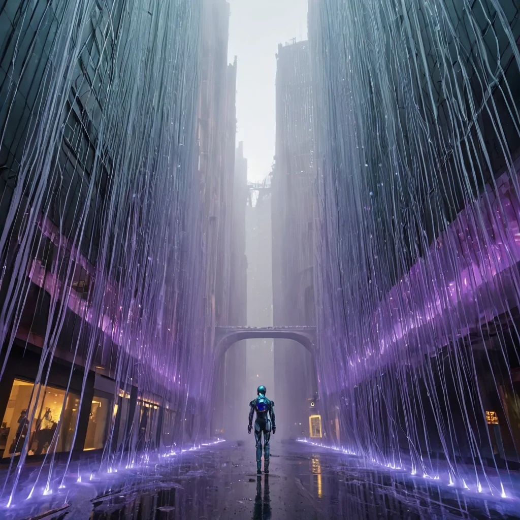 A horizontal, eyelevel wide shot of a sprawling, vertical urban canyon where the buildings are constructed from massive, hollowedout stacks of compressed, translucent amber resin, revealing frozen crosssections of ancient forests and trapped insects within their depths. The street level is a dense fog of warm, golden steam rising from hidden geothermal vents, creating a hazy, dreamlike atmosphere that softens the sharp architectural lines. Suspended between the towering resin walls are delicate, woven bridges made of luminous, fiberoptic threads that glow with a soft, shifting gradient of violet and teal. In the foreground, a figure wearing a structured, avantgarde exosuit made of matte white ceramic plates and flexible, iridescent membrane fabric stands on a