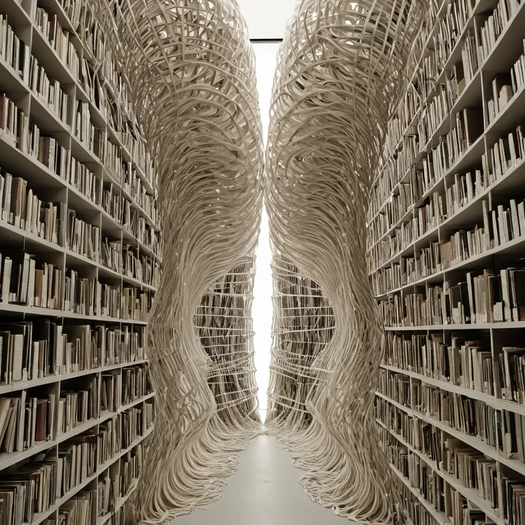 A single, selfdissolving filament of solidified breath, shaped like a spiraling, nonorganic helix of reversed thermodynamic inertia, pulses at the center of a vast, suspended archive of unspoken apologies carved from the compressed, unuttered words of a civilization that communicated through the duration of synchronized, silent eye contact. The filament does not exhaleit uninhales, each twist unraveling a layer of air that never formed into speech, reforming into ephemeral, translucent sighs shaped like the negative space between two pupils that never dilated in the same moment of mutual understanding. The archive is not linguisticit is a layered expanse of petrified regret, each shelf etched with the emotional residue of a confession