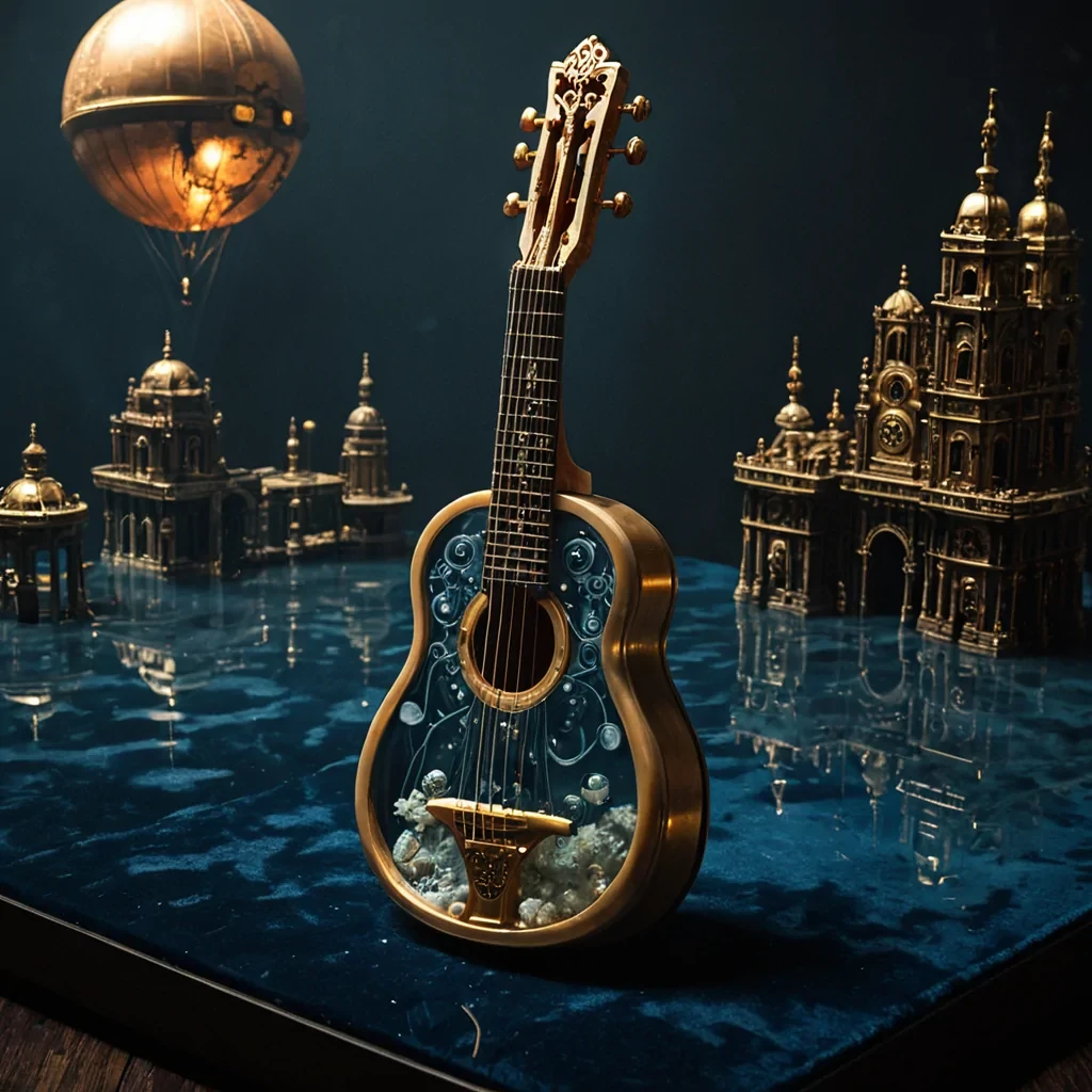 A hyperrealistic, macrolevel perspective of a solitary, translucent alabaster lute resting on a surface of deep, midnightblue velvet. The instruments wooden body has been replaced by a crosssection of a living, breathing coral reef, with tiny, neonanemones pulsing in rhythm with the strings. The strings themselves are made of thin, glowing filaments of liquid gold that hover slightly above the fretboard, vibrating with visible, ripplelike distortions in the air around them. In the immediate foreground, a single, perfect drop of mercury sits on the velvet, reflecting a miniature, inverted image of a bustling, steampunk cityscape with brass towers and flying dirigibles. The lighting is dramatic and highcontrast, with