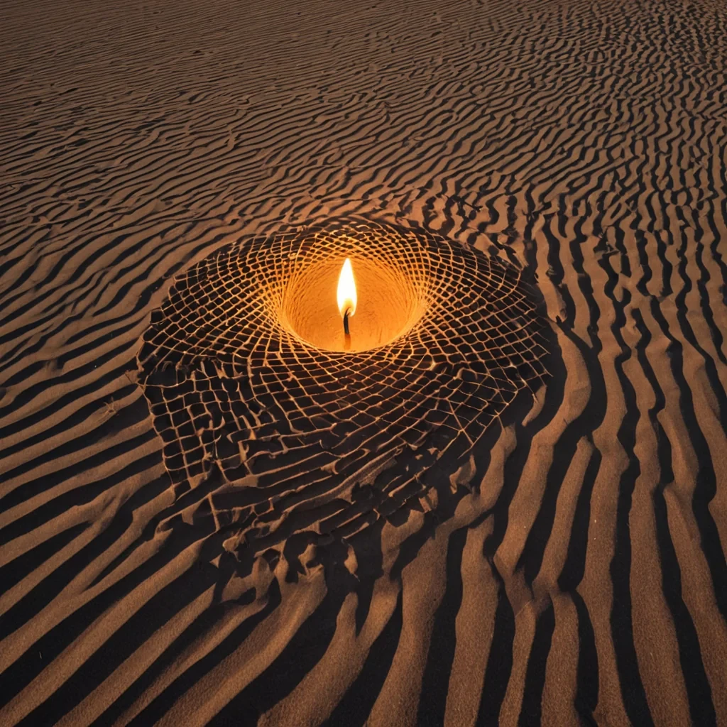 A single, selfrewriting tangle of reversed light, shaped like a 13,709dimensional lattice of unformed shadow and inverted illumination, thrums at the center of a vast, inverted desert of solidified twilight  each dune carved from the exact moment between a sunset fading and its refusal to vanish, a candle flame guttering and dissolving into nonluminous stillness, a lens capturing a star and collapsing into pure, unmeasured darkness. The lattice does not emit radiance  it unemits it, each fraying filament shedding a layer of photonic potential that never coalesced into visible warmth, reforming into ephemeral, moonstonethreaded afterimages shaped like the negative space between