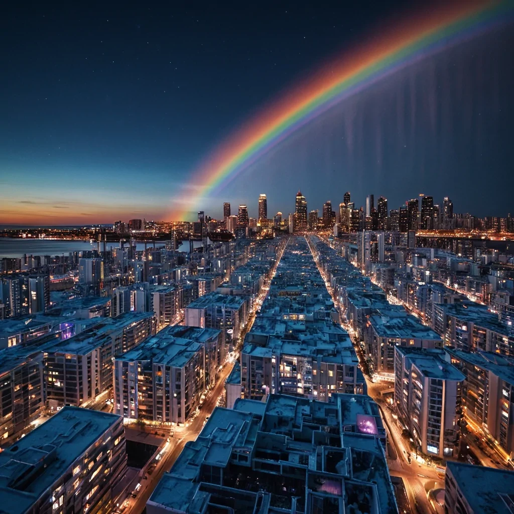 A vast, floating city of mirrored glass and liquid mercury hovers above a sea of perpetual twilight, its architecture shaped like frozen sound waves frozen midresonance. Each building pulses with internal light that shifts in hue with the citys emotional frequencycalm blues when quiet, vibrant magentas during moments of collective inspiration. The streets are paved with solidified rainbows, refracting the ambient glow into a thousand tiny prisms that dance across the surface like living light. Hovering above the city, a swarm of crystalline mothseach one a tiny, selfcontained auroradrift in synchronized patterns, their wings trailing faint trails of stardust that dissolve into the air. The sky is a deep, velvety