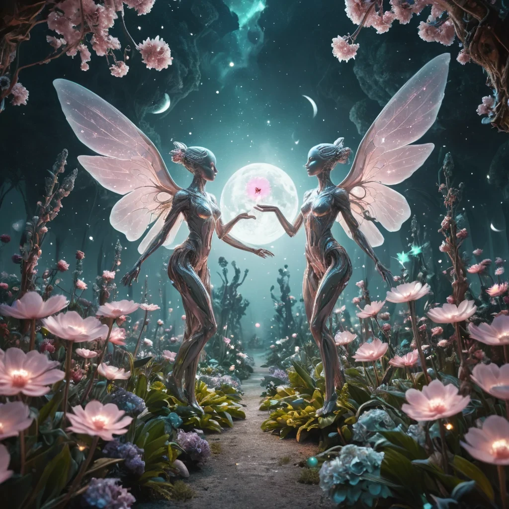 A vast, levitating garden of otherworldly flora, where crystalline petals shimmer under the glow of twin moons, while luminescent, winged humanoids dance gracefully among the blooms, hyperrealistic, ultra HD, cinematic lighting, volumetric lighting, atmospheric effects, soft focus, pastel tones, detailed textures.