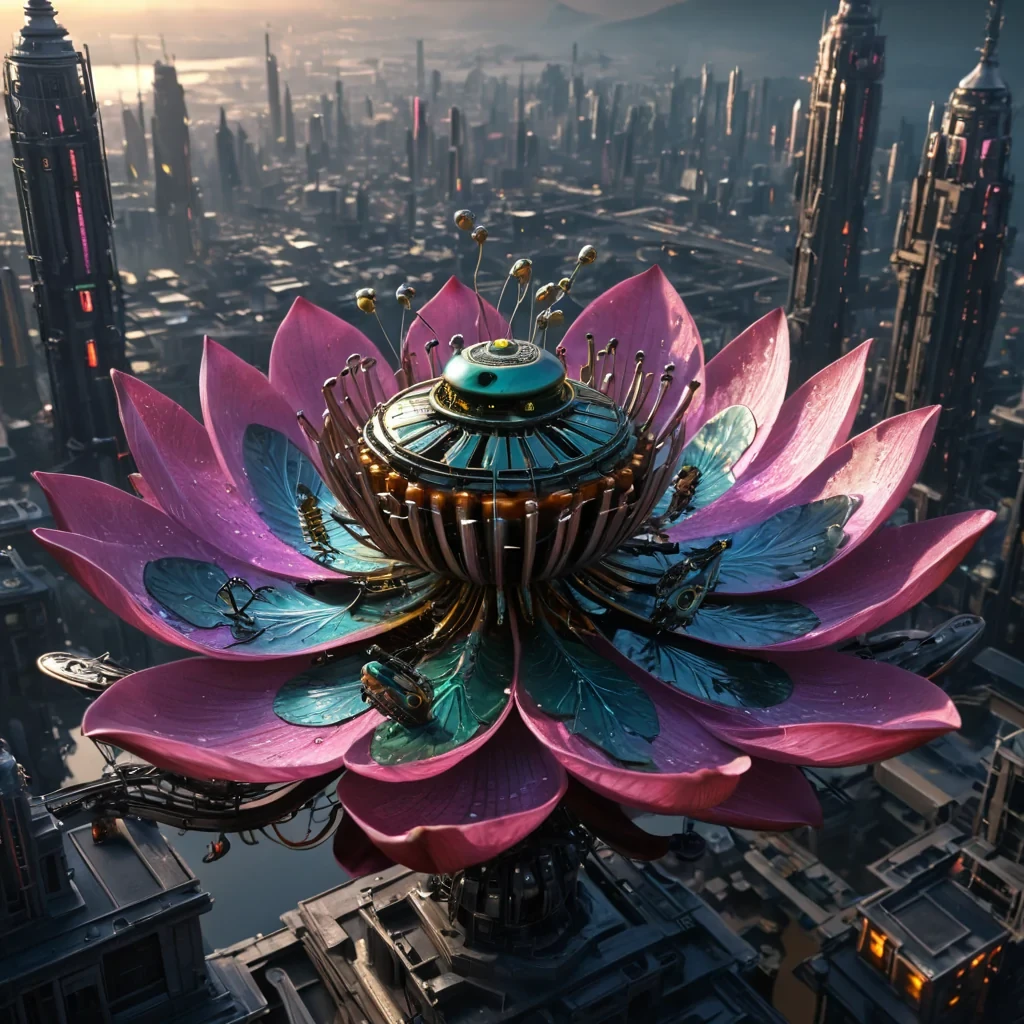 A colossal, ancient, mechanical lotus, its metallic petals unfurling to reveal a labyrinthine, neonlit city within, blooms from the heart of a vast, undulating, obsidian plain. Suspended within the lotus stamen, a holographic, sentient, mechanical swarm of dragonflies dances, casting ephemeral shadows on the citys inhabitants sentient, robotic, reptilian creatures. Rendered in ultra HD, with volumetric lighting, atmospheric effects, and vibrant colors, evoking a sense of surreal, otherworldly wonder.