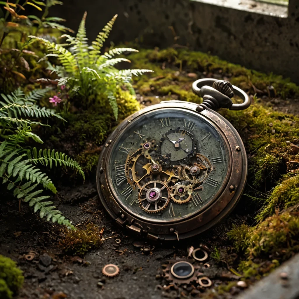 A hyperrealistic, extreme closeup of a vintage, rusted mechanical pocket watch lying open on a surface of polished, black onyx. The watchs inner gears and springs have been replaced by a miniature, thriving ecosystem of moss, tiny ferns, and delicate wildflowers in soft pastel pinks and greens. Sunlight streams through a crack in a concrete ceiling above, casting a sharp, volumetric beam of light that illuminates dust motes dancing around the foliage. The background is a soft, outoffocus blur of warm, earthy tones, emphasizing the intricate textures of the rusted metal and the vibrant organic life within the timepiece. The image features shallow depth of field, highlighting the contrast between industrial decay and natural renewal,