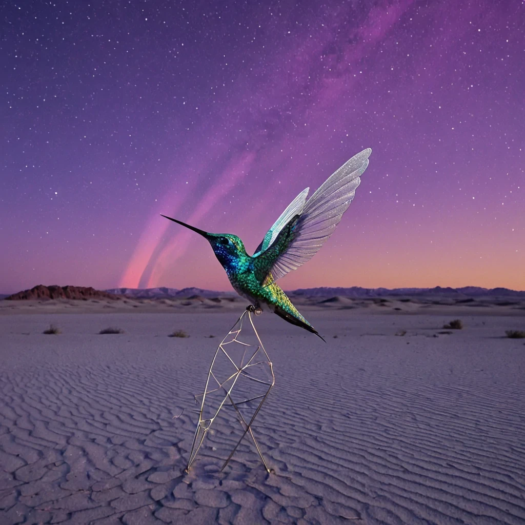 A single, hummingbirdsized satellite made of woven, selfrepairing silk and solidified starlight hovers in the center of a cloudless, lavender sky above a desert of frozen soundwaves. Its body is not metallic, but a delicate, iridescent lattice of interwoven frequencies, each strand resonating with a different emotional tonejoy, sorrow, longing, wondervisible as faint, shifting auroras that pulse in sync with the breath of any observer. The satellite does not orbit it drifts with impossible stillness, its wings composed of crystallized silence, beating once every century in a rhythm only the universe can hear. Below, the desert is not sand, but a vast, undulating plain of petr