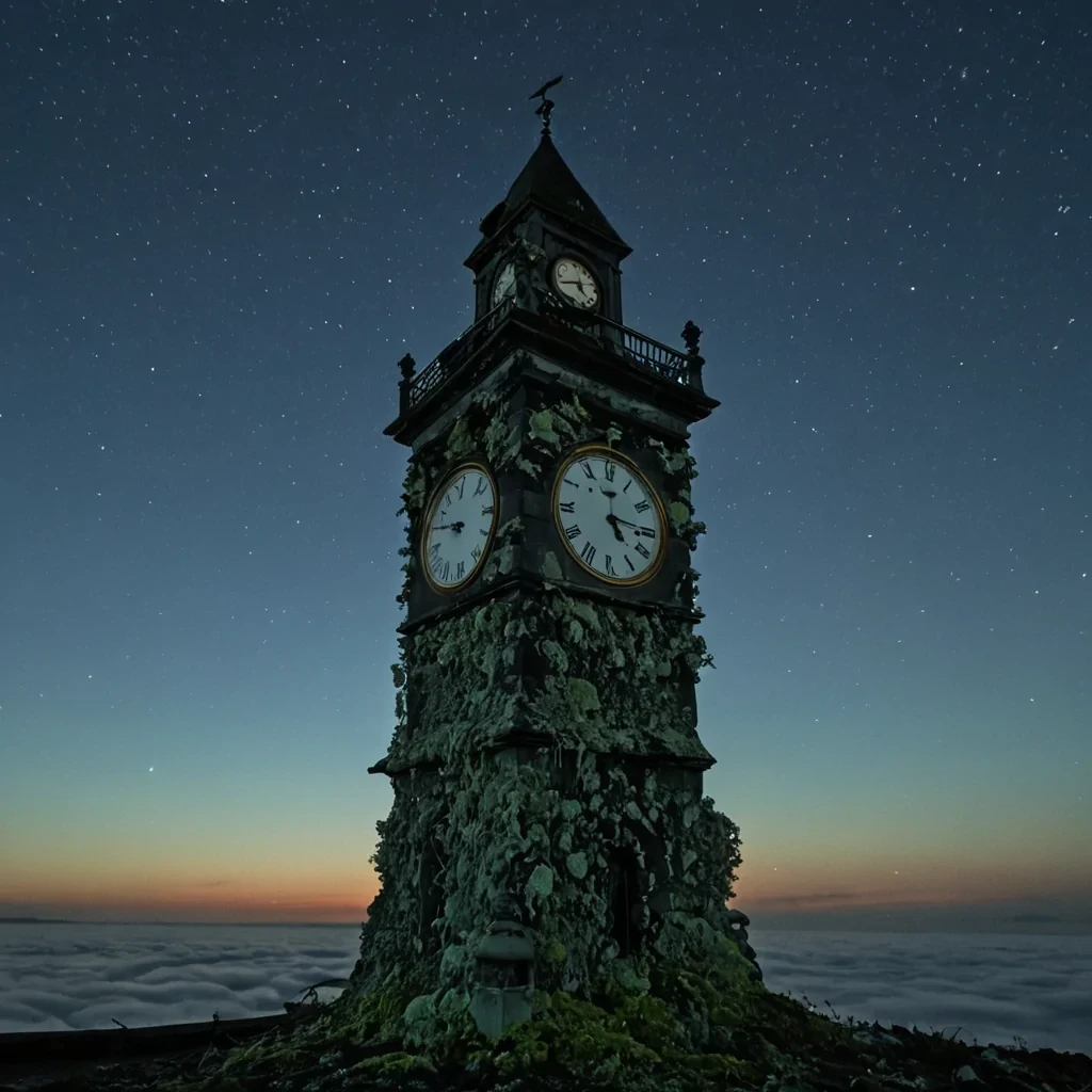 A single, selfreplicating cluster of crystalline lichen grows on the underside of a floating, inverted clock tower suspended in the middle of a vast, still sky made entirely of solidified twilight. The lichen does not photosynthesizeit absorbs the silence between heartbeats, its fronds pulsing with the faint, bioluminescent afterimage of a lullaby sung in a language that no longer exists. The clock tower does not tell timeit measures the weight of unspoken apologies, its hands made of braided moonlight and compressed regret, each tick echoing not as sound but as a ripple in the air that forms the shape of a hand reaching toward a door that was never opened. The sky above is not