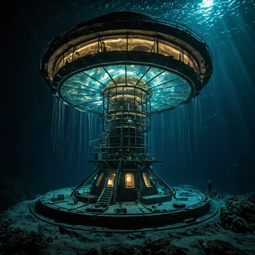 A horizontal, eyelevel wide shot of a colossal, submerged observatory perched on the edge of a deepsea trench, constructed from translucent, bioluminescent coral and reinforced titanium alloy. The structure is a spiraling ziggurat that ascends from the dark abyss, its tiers filled with massive, circular viewing domes made of hyperclear acrylic that glow with soft, internal amber light. Outside, the deep ocean is pitch black, illuminated only by the faint, ghostly trails of giant jellyfish drifting past the windows and the intense, focused beams of searchlights cutting through the murky water. Inside the central dome, a lone astronomer wearing a vintage, leather diving suit with a brass helmet sits at a complex control console covered