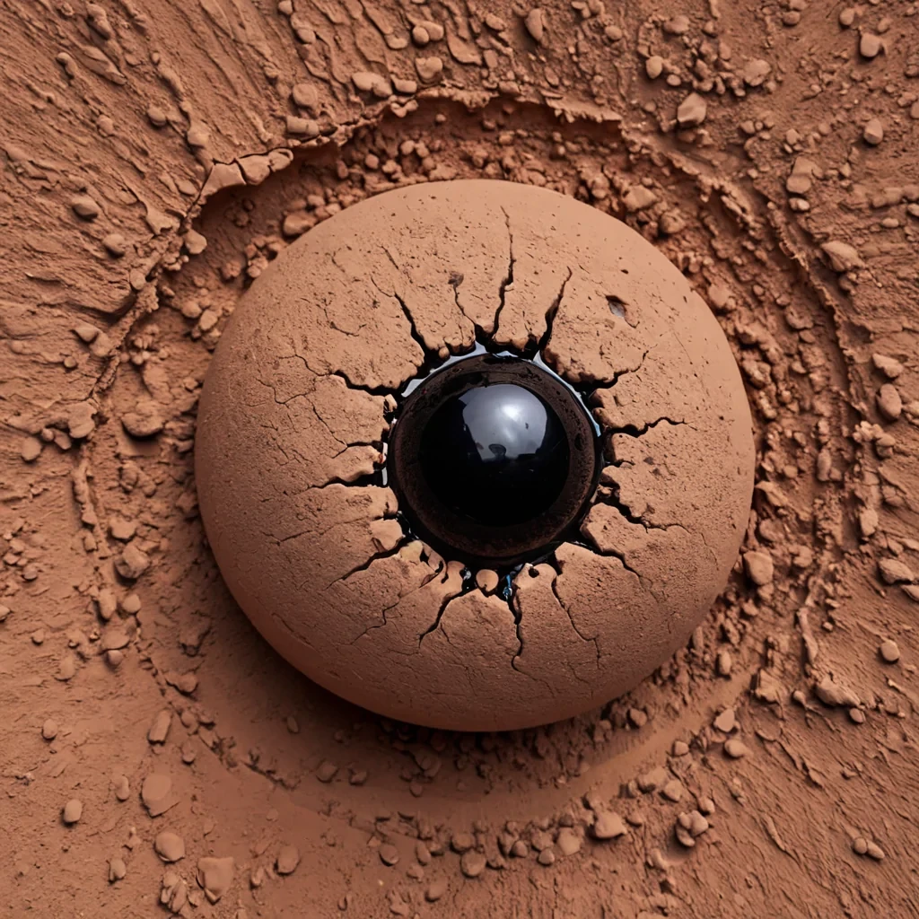An extreme closeup, shallow depthoffield photograph of a singular, suspended sphere of dense, matte terracotta clay floating in a vacuum. The surface of the sphere is not smooth but is covered in a microscopic, topographic texture resembling dried riverbeds and cracked earth, rendered in hyperdetailed, highcontrast relief. Embedded directly into the center of the clay sphere is a perfect, circular aperture of polished, black onyx, acting as a lens that refracts the surrounding light into a sharp, geometric starburst of pale lavender and soft gold. Surrounding the sphere is a thin, delicate halo of slowmoving, viscous, honeycolored liquid that defies gravity, forming a perfect, rigid torus around the clay. The