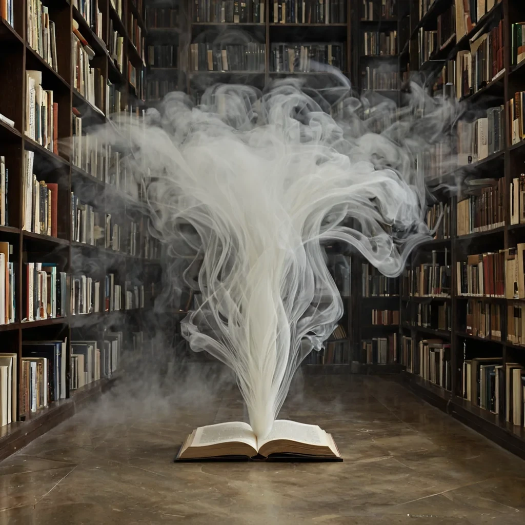 A single, selfilluminating filament of compressed stillness threads through the center of a floating, inverted library of smoke, its structure not wood or paper but woven from the thermal inertia of a thousand unburned pages that never turned. The filament does not pulseit unfolds, each contraction releasing a wave of zeroentropy silence that dissolves the fabric of time into a mist of crystalline dust, each particle etched with the chromatic echo of a sentence that never reached the end. The librarys shelves are not staticthey are slowmotion spirals of vaporized ink, each book a hollowedout memory of a thought that evaporated before it could be named. The air is thick with the scent of ozone and