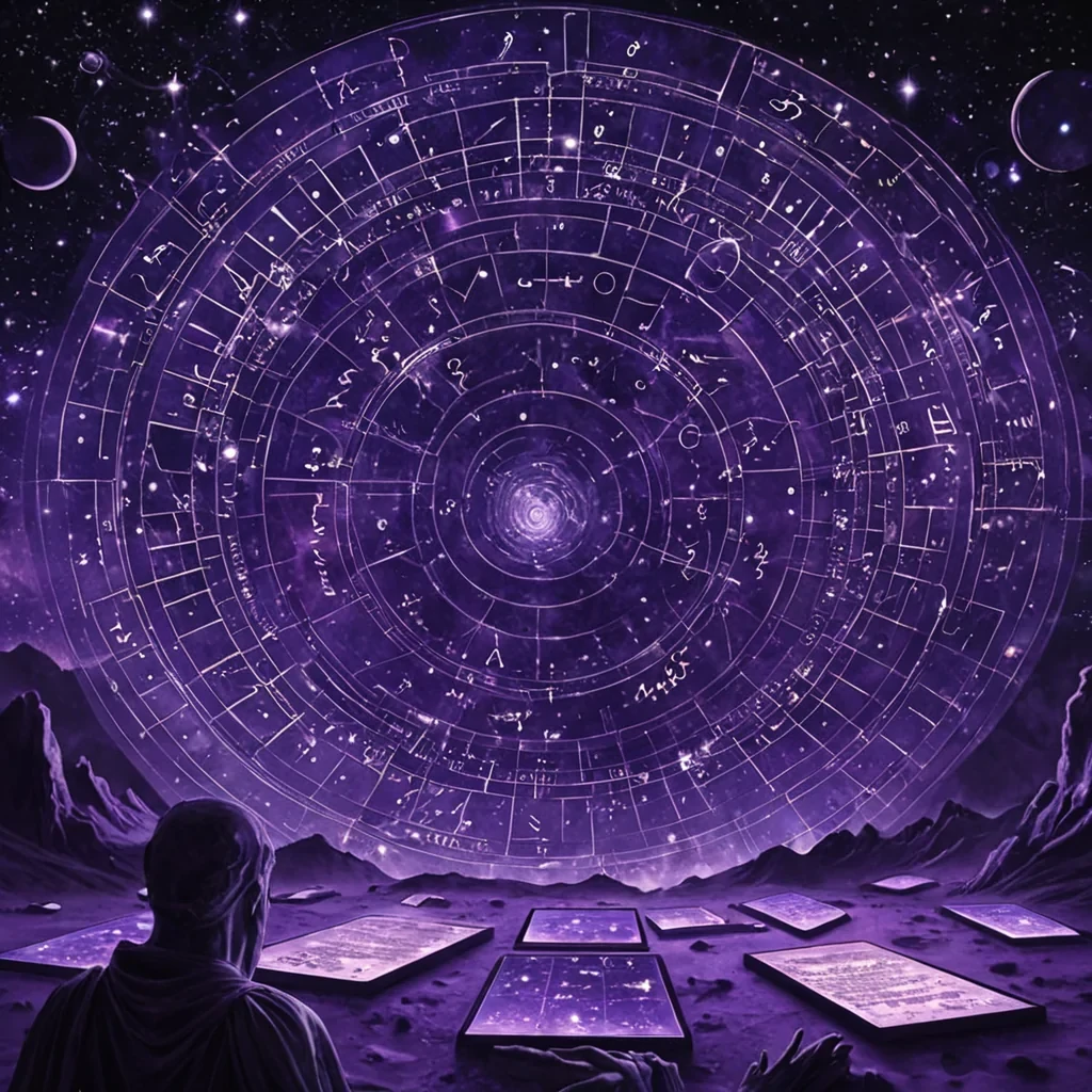 A massive, ancient library of floating stone tablets drifts through a vacuum of deep cosmic violet, each tablet inscribed with glowing, shifting equations that rewrite themselves in real time, forming new constellations of meaning with every passing second. The tablets are suspended by taut, luminous threads of solidified thought, humming with a low, resonant frequency that bends light into shimmering halos around their edges. Between the tablets, ghostly figures made of condensed starlight glide silently, their forms dissolving into fractal patterns as they reach out to touch the equations, causing ripples of golden energy to spread outward like soundwaves through space. The background is a swirling nebula of electric lavender and smoky indigo, pierced by distant,