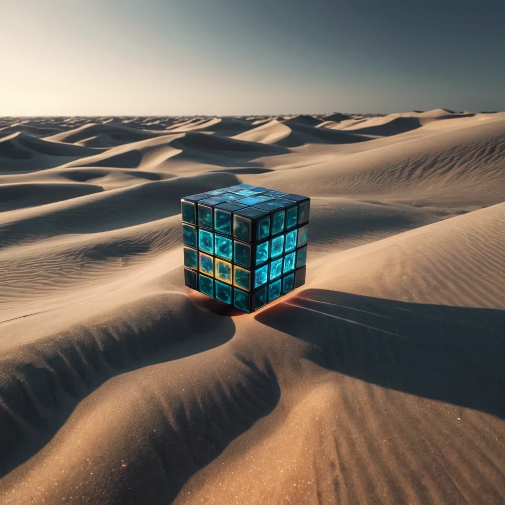 A hyperrealistic, 4K portrait of a sentient, levitating, neonlit holographic Rubiks cube, its ethereal form pulsating with intricate, bioluminescent fractal patterns, set against a surreal, monochromatic landscape of undulating, shadowy dunes, with volumetric lighting casting dramatic shadows and emphasizing the cubes dynamic, fluid movements, and a subtle, cool bokeh effect creating a sense of isolation and mystery.