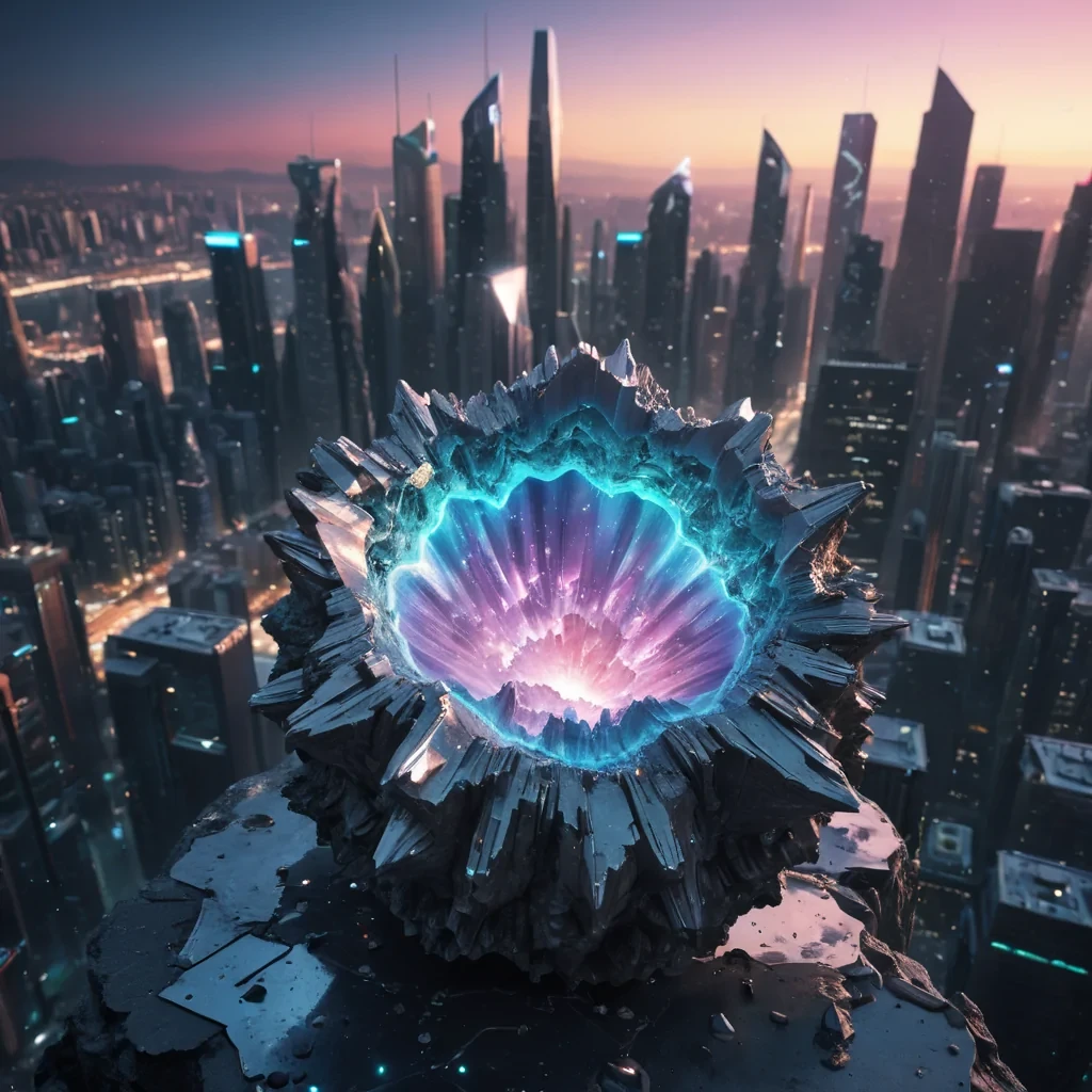 Photorealistic, levitating, crystalline geode, its jagged, hyperrealistic, 4K facets reflecting a sprawling, neonlit, cyberpunk metropolis suspended in zero gravity. Volumetric lighting casts dramatic, angular shadows, while dynamic lighting dances on the citys skyscrapers, casting a soft focus on the distant horizon. Vibrant colors shift and shimmer within the geodes ethereal, luminescent interior, as lens flare accentuates its central, radiant core.
