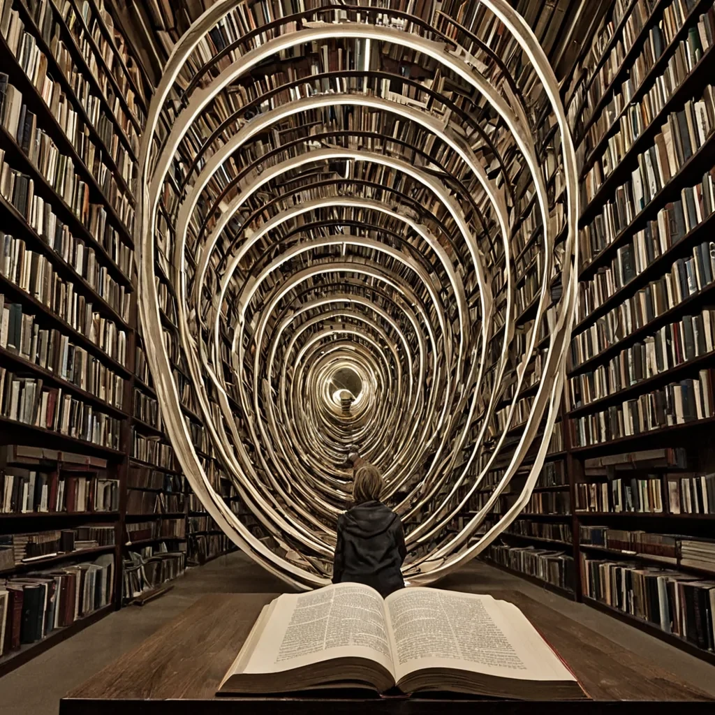A single, selfrewriting filament of compressed time, shaped like a spiraling, nonreflective helix of inverted causality, drifts through the center of a vast, inverted library built from the solidified echoes of a civilization that communicated through the duration of synchronized, silent reading of the same unwritten book. The filament does not transmitit unreads, each rotation dissolving a layer of narrative that never coalesced into a shared story, reforming into ephemeral, jadethreaded afterimages shaped like the negative space between two eyes that never focused on the same line in the same moment of mutual silence. The library is not literaryit is a stratified expanse of petrified anticipation, each shelf a