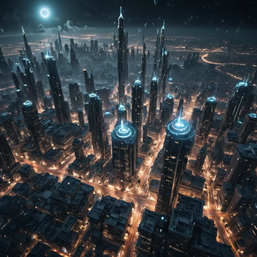 Photorealistic, Ultra HD, colossal, ancient, cinematic, levitating city, its detailed, textured skyscrapers adorned with intricate, 4K, neonlit fractal patterns, hovers silently over a desolate, alien, neonlit metropolis. The citys massive, volumetric, antigravity engines cast intricate, atmospheric shadows across the urban landscape, while its powerful, cinematic searchlights, crafted from swirling, neonlit vortexes, illuminate the distant, swirling galaxies, creating a soft, ethereal bokeh effect that dances with the scenes lens flare, as the rhythmic, atmospheric calls of unseen creatures echo through the thin, atmospheric air.