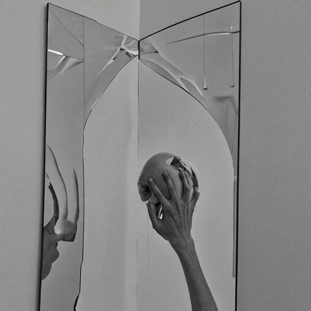 A single, selfsilencing mirror of reversed empathy, shaped like a 9,143dimensional prism of unformed compassion and inverted connection, hovers at the center of a vast, inverted sanctuary of solidified isolation  each wall etched from the exact moment between a hand reaching out and its refusal to be held, a word of comfort forming on the lips and dissolving into nonverbal silence, a tear rolling down a cheek and collapsing into pure, unmeasured nongrief. The mirror does not reflect emotion  it unreflects it, each refracting facet shedding a layer of relational potential that never coalesced into shared understanding, reforming into ephemeral, lapislazuli veined afterimages shaped