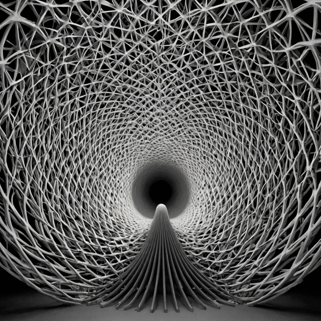 A single, selfreplicating cluster of reversed silence, shaped like a 47,203dimensional lattice of unformed stillness and inverted quiet, pulses through the hollow core of a vast, inverted cathedral of solidified sound. Each node is spun from the exact moment between a whisper forming in the throat and its refusal to travel through air, a song fading into the void and dissolving into nonresonance, a breath held in anticipation and collapsing into pure, unmeasured nonvibration. The lattice does not contain silenceit uncontains it, each shimmering junction shedding a layer of auditory potential that never coalesced into trust, tenderness, or the weight of being truly known. As it drifts backward
