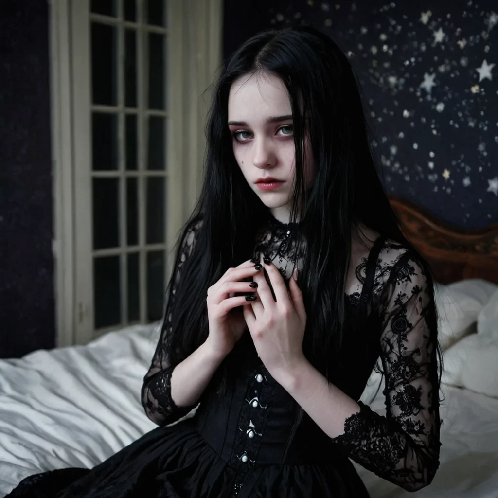 A young goth girl, around 17 years old, with long, smooth black hair and a pale white complexion, sitting in a dimly lit bedroom. She is wearing a black dress with intricate lace details and has blackpainted fingernails. Her face is marked by a bittersweet expression, with tears glistening in her eyes but a faint, melancholic smile on her lips. The setting is surrealoutside her bedroom window, the vast expanse of space is visible, filled with stars, nebulae, and distant galaxies, as if her room floats in the cosmos. The room has a cozy, gothic aesthetic with dark furniture, candles, and faint shadows. The mood is a mix of sadness and beauty, evoking a sense of mystery and wonder.