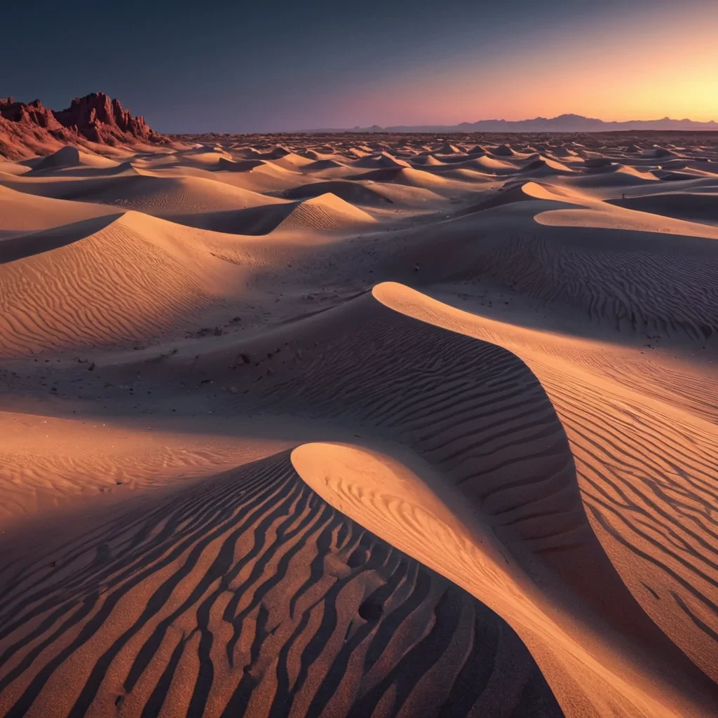 A hyperrealistic, 4K, ultra HD depiction of a surreal, neonlit desert landscape at twilight. The vast, undulating dunes are adorned with intricate, fractal patterns, their surfaces shimmering in a mesmerizing symphony of vibrant, prismatic hues. Cinematic lighting accentuates the towering, crystalline structures that rise from the desert floor, their geometric facades etched with delicate, luminous engravings. In the distance, a massive, luminescent oasis glows with an otherworldly radiance, its rippling, liquid surface casting ethereal reflections on the surrounding formations. Photorealistic, fractal, zerogravity sand formations dance in a surreal ballet, creating an enchanting, aquatic