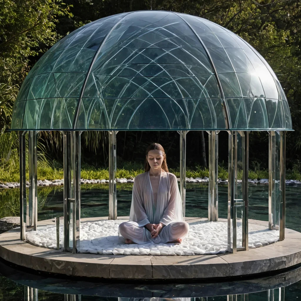 A horizontal, eyelevel medium shot of a serene, circular meditation pavilion constructed from interlocking sheets of polished, translucent rosequartz and brushed titanium, situated on the edge of a calm, mirrorlike lagoon filled with bioluminescent, deepindigo water. The pavilions roof is a delicate, geometric lattice of floating, spherical glass orbs that refract the soft, diffused light of a pale, doublestar system into prismatic rainbows across the wet stone floor. In the center, a contemplative figure with skin the color of smooth, warm sandalwood and wearing a flowing, asymmetrical garment made of layered, sheer white organza and iridescent beetlewing fabric sits crosslegged on a cushion of mossgreen