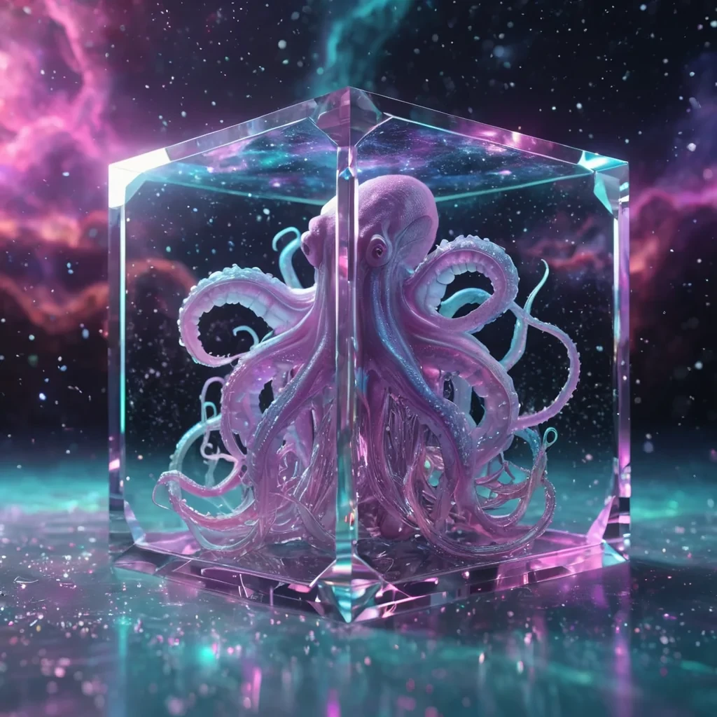 Hyperrealistic neon krakens with reflective metallic tendrils entwining in a cubic crystal chamber under a nebula sky, holographic droplets shimmering in volumetric lighting, dynamic shadows, bokeh effect, pastel tones, 4K
