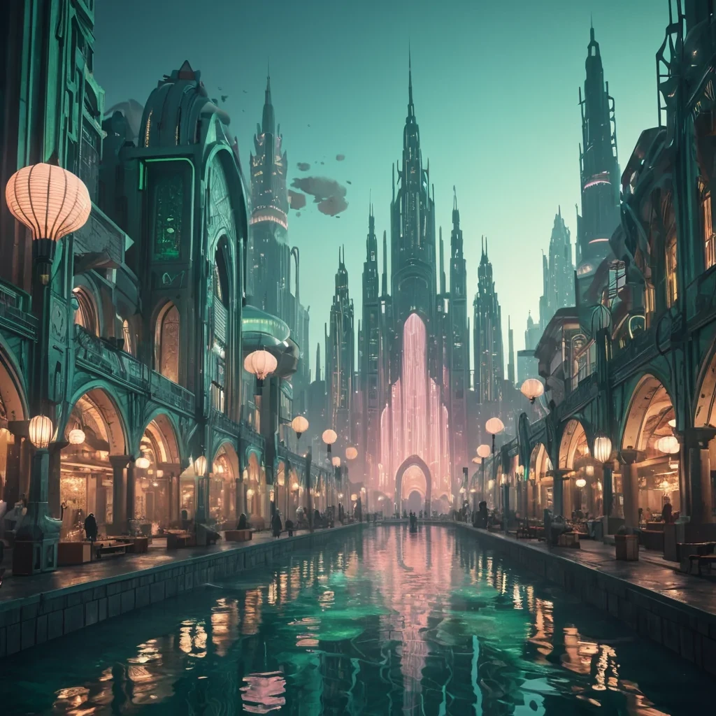 A hyperrealistic, 4K, ultra HD depiction of a retrofuturistic, underwater cityscape at dawn. The scene is bathed in the soft, pastel tones of a distant, bioluminescent sunrise. Cinematic lighting accentuates the citys towering, art deco spires and geometric structures, their facades adorned with intricate, fractal patterns and illuminated by dynamic, neongreen accents. Volumetric lighting from the citys pulsating, luminescent fountains casts intricate, watery shadows on the wet, glistening streets. In the foreground, a futuristic marketplace thrives, its stalls illuminated by soft, aquatoned lanterns, creating a warm contrast to the cold, metallic cityscape