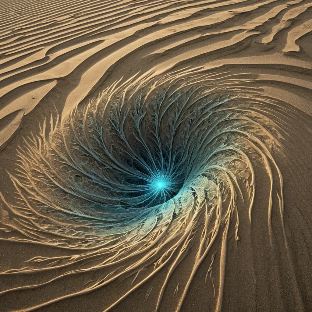 A single, selfreflecting fractal of reversed time blooms at the center of a floating, inverted desert of solidified wind, its structure not sand or rock but spun from the thermal residue of a thousand unspoken decisions that never shaped a future. The fractal does not growit unchooses, each pulse unraveling a branching path into its original neutrality, releasing a wave of zeroentropy potential that dissolves the fabric of causality into a shimmering mist of iridescent, crystalline alternatives, each one etched with the chromatic afterimage of a moment that never occurred. The deserts dunes are not shaped by windthey are fossilized moments of hesitation, each crest a frozen echo of a hand that never reached
