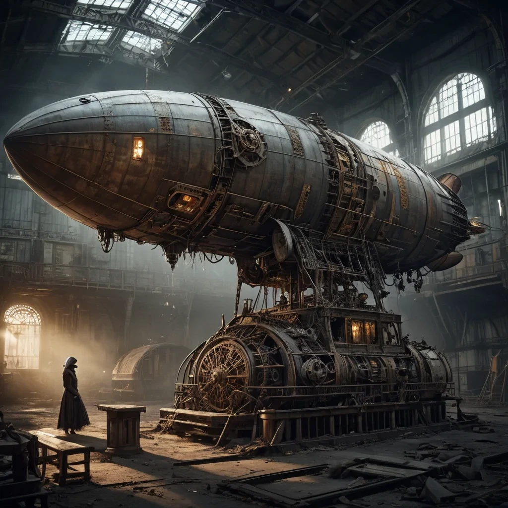 Photorealistic, Ultra HD portrait of a melancholic, sentient automaton, its metallic body adorned with intricate, tarnished filigree, sitting alone in a vast, abandoned zeppelin hangar, surrounded by decaying, vintage airships and faded, sepiatoned posters of longforgotten destinations, with cinematic lighting casting dramatic shadows and emphasizing the intricate, steampunkinspired design, and a subtle, cool bokeh effect creating a sense of isolation and nostalgia, as a lone, spectral comet streaks across the night sky, its glowing tail leaving a trail of stardust in its wake, while a spectral, ethereal figure, cloaked in a tattered, hood