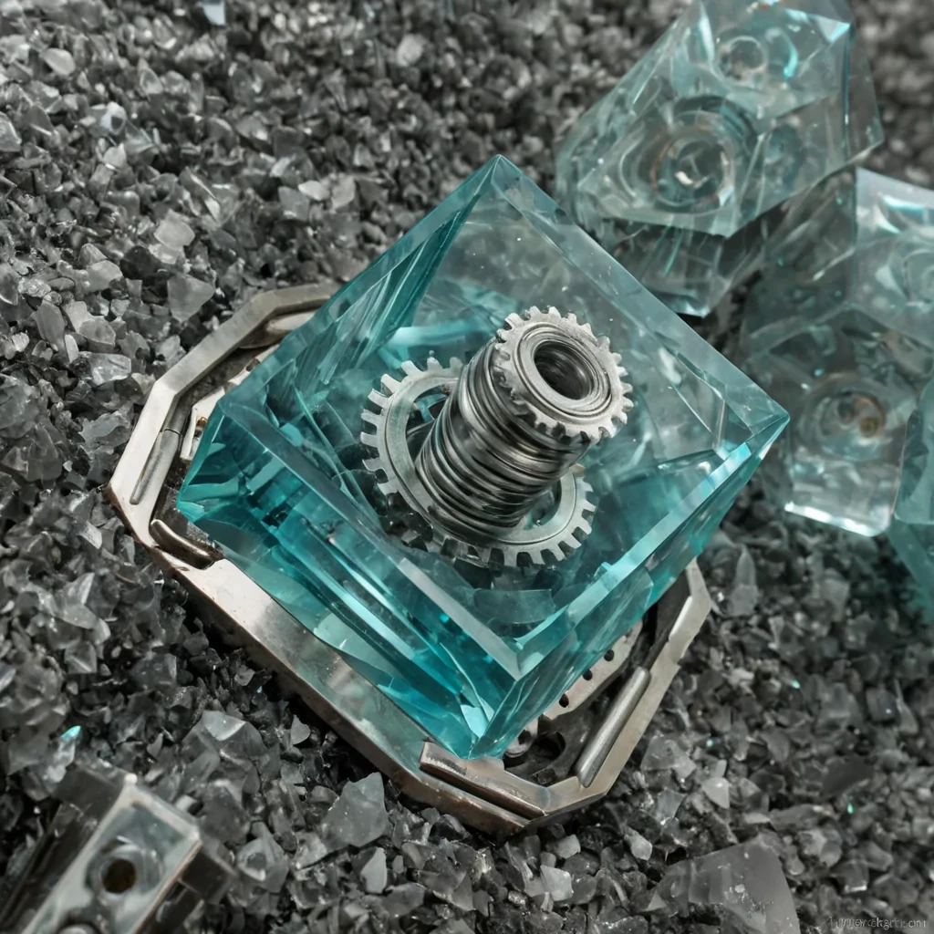 A photorealistic, extreme closeup of a single, translucent, hexagonal prism of solidified, pale turquoise quartz resting on a surface of crushed, iridescent mica flakes. The prism is not static its internal core contains a dense, swirling cluster of microscopic, silver metallic gears and springs that are actively rotating, visible through the clear outer shell. The gears are interlocked with a single, thick, braided copper wire that exits the top of the prism and coils upward into a soft, diffuse haze of warm, amber smoke. The lighting is dramatic and directional, coming from the upper left, casting long, sharp, geometric shadows across the shimmering mica floor. The focus is razorsharp on the mechanical core within the crystal,