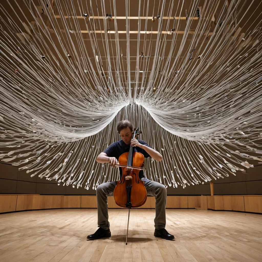 A single, selfoscillating membrane of reversed resonance, shaped like a 3,007dimensional web of unformed vibration and inverted harmony, suspended in the center of a vast, inverted concert hall of solidified dissonance  each filament spun from the exact moment between a violin string being plucked and its refusal to vibrate, a chime struck in silence and dissolving into nonring, a breath held in anticipation and collapsing into pure, unmeasured nonsonic potential. The web does not produce sound  it unproduces it, each trembling strand shedding a layer of harmonic potential that never coalesced into melody or rhythm, reforming into ephemeral, silverthreaded static that pulses like the after