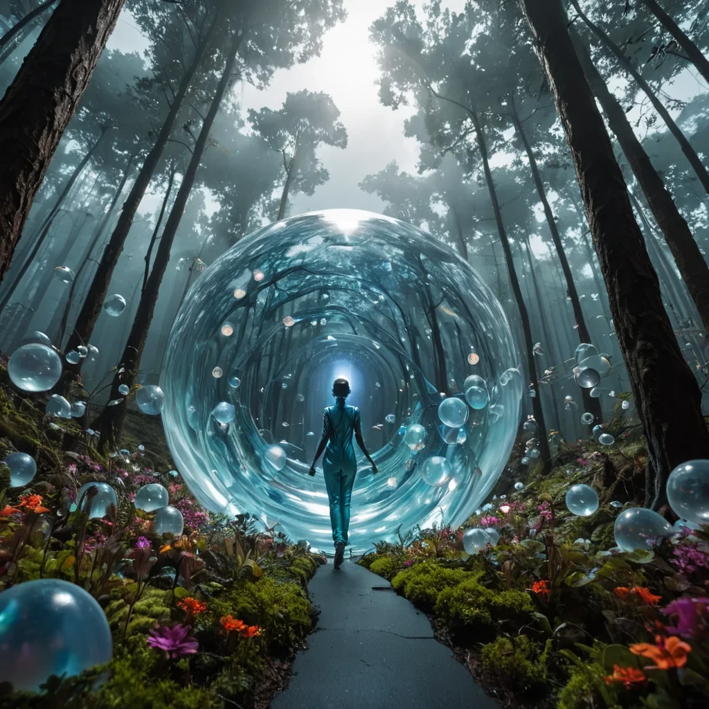 A photorealistic, wormseye view looking up through a dense canopy of massive, translucent, gelatinous spheres that form a floating forest in a zerogravity environment. Each sphere contains a miniature, suspended ecosystem of swirling clouds, tiny islands, and vibrant, neoncolored flora that pulses with rhythmic internal light. The viewer stands on a narrow, winding path made of polished, iridescent motherofpearl that curves upward into the hazy sky. In the immediate foreground, a figure wearing a sleek, minimalist jumpsuit of matte, slateblue fabric with integrated, glowing circuitry leans forward, reaching out to touch the surface of the nearest sphere, causing ripples of light to travel across its membrane. The lighting is eth