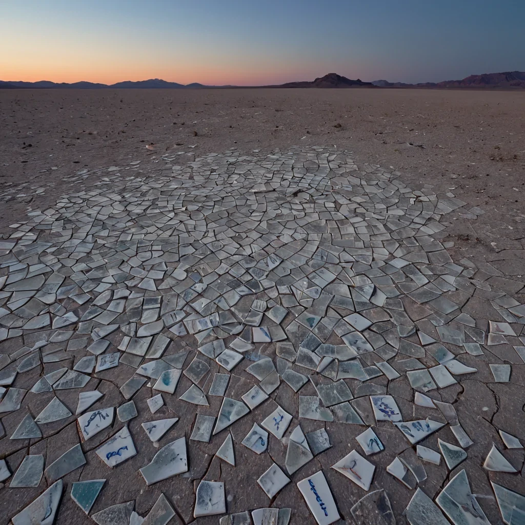 A single, selfreplicating mosaic of shattered porcelain and solidified silence lies scattered across the surface of a vast, still desert made entirely of powdered time, each fragment etched with the faint, iridescent script of a language spoken only in dreams. The mosaic does not reassembleit resonates, emitting not sound, but a low, subsonic pulse that causes the desert to ripple like a frozen lake of liquid memory, each ripple forming the shape of a question that was never asked. The sky above is not skyit is a thick, layered veil of reversed auroras, their colors shifting in sync with the emotional weight of a decision made in silence. The fragments are not brokenthey are alive, slowly reorganizing into