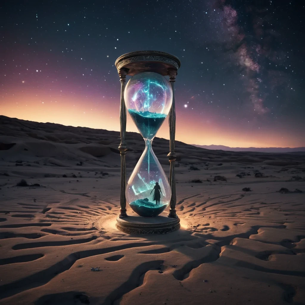 An ancient, colossal, inverted hourglass, its glass crafted from a labyrinth of interlocking, iridescent crystals, suspends a vast, otherworldly metropolis in a state of perpetual twilight. The hourglasss colossal, rotating sands, composed of swirling, ethereal constellations, cast dynamic, prismatic shadows across the desolate landscape. Within, a lone, spectral figure, clad in a tattered, vintage timekeepers uniform, drifts through the desolate space, their form composed of pulsating, temporal distortions. Ultra HD, cinematic volumetric lighting, atmospheric lens flare, vibrant, celestial colors.
