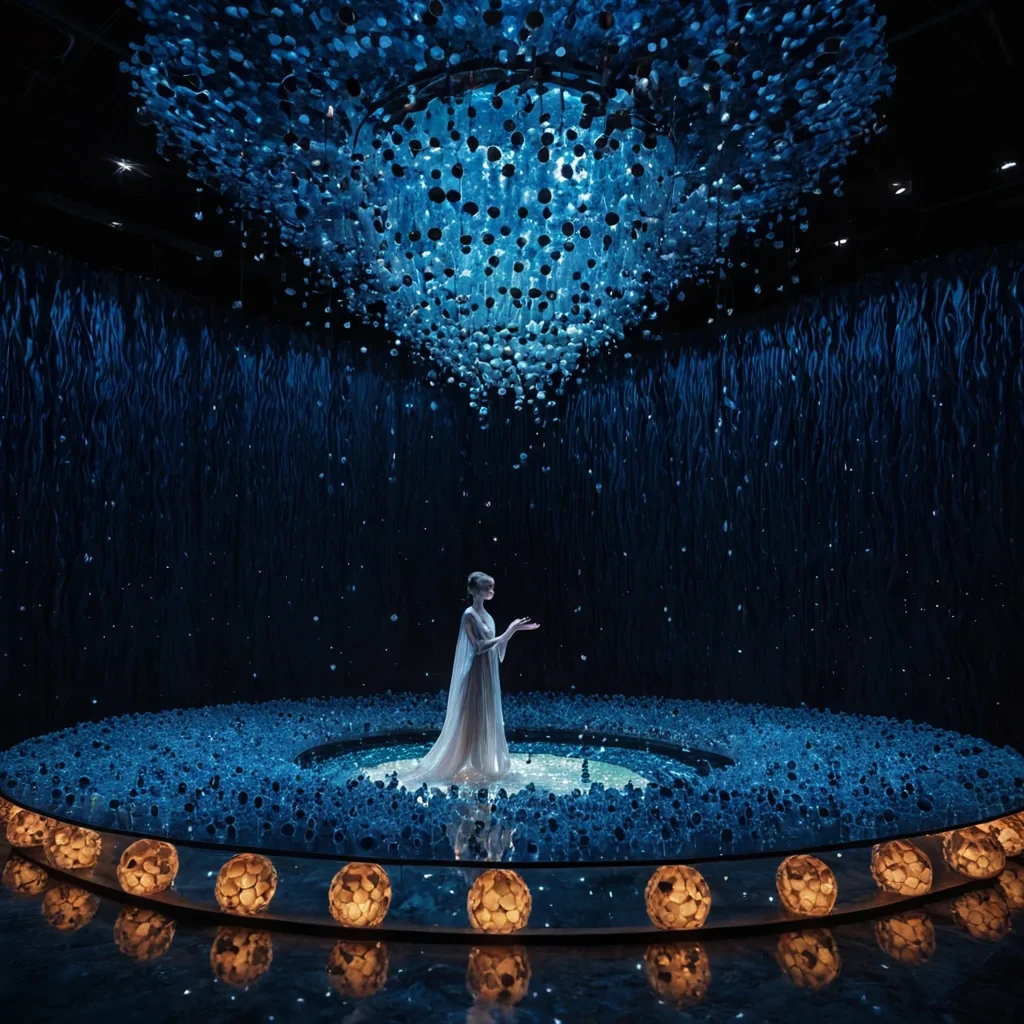 A hyperrealistic, eyelevel wide shot of a serene, suspended sanctuary constructed entirely from interlocking, translucent blocks of honeycomb wax, floating above a vast, still ocean of deep, indigo liquid mercury. The honeycomb structure glows with a warm, amber internal light, casting soft, geometric shadows onto the highly reflective mercury surface below. In the center, a solitary figure draped in a flowing gown of sheer, iridescent silk stands barefoot on a floating platform of polished onyx, holding a delicate, transparent glass vessel filled with swirling, bioluminescent blue spores that drift upwards like tiny stars. Surrounding the figure are dozens of suspended, spherical lanterns made of blown glass, each containing a single, floating flame