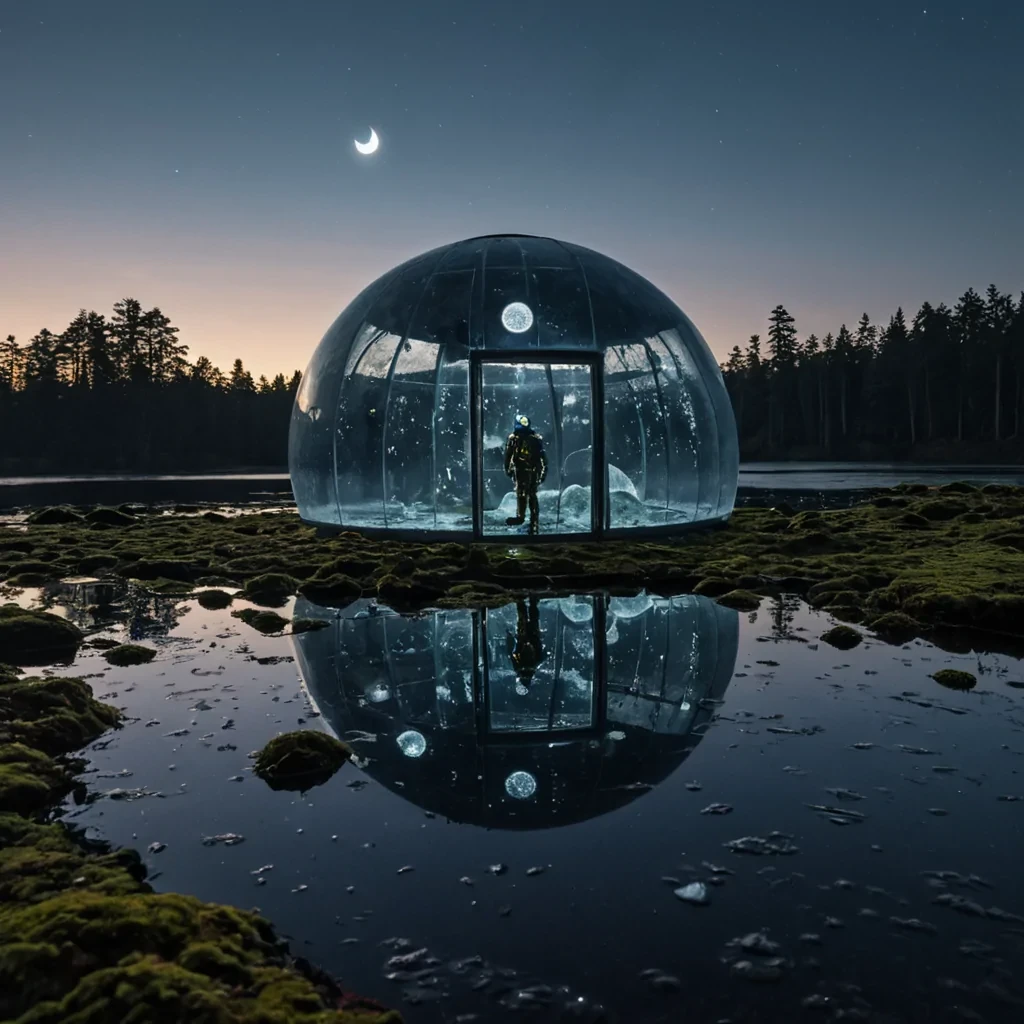 A hyperrealistic, wideangle shot of a colossal, spherical greenhouse constructed from layers of stretched, translucent latex rubber, suspended above a serene, mirrorstill lake at twilight. The interior structure is not built of metal but woven from intricate, glowing filaments of bioluminescent fungal mycelium that pulse with soft, rhythmic amber light. Inside, a solitary figure in a streamlined, mattewhite diving suit floats weightlessly among floating islands of moss and suspended water droplets, holding a delicate, crystalline chime made of solidified ice. The rubber exterior reflects the deep indigo sky and three faint, crescent moons, creating a distorted, funhousemirror effect of the landscape below, while subtle condensation beads cling to