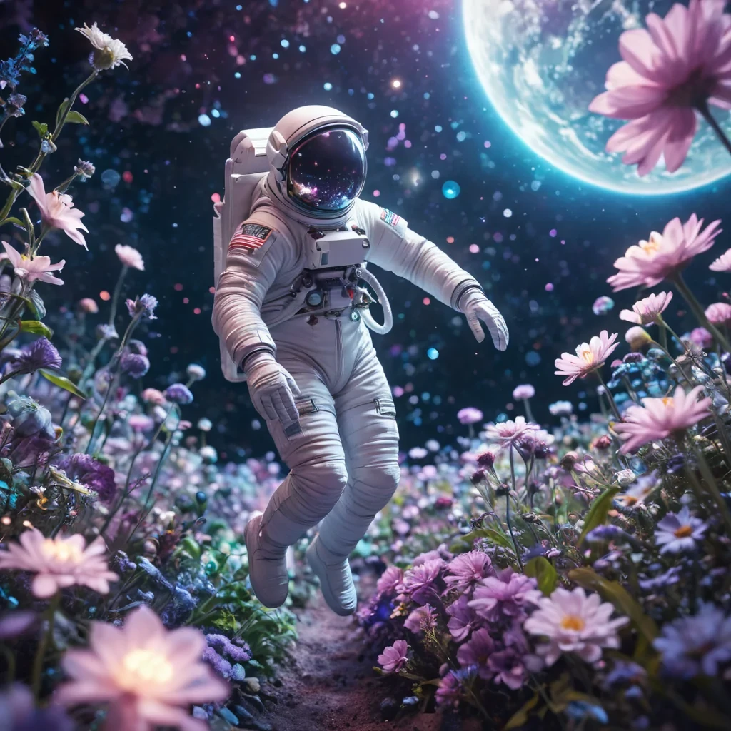 A lone astronaut floats in a zerogravity garden, tending to luminescent, levitating flowers that emit soft melodies, hyperrealistic, 4K, cinematic lighting, volumetric lighting, atmospheric effects, dynamic lighting, bokeh effect, soft focus, lens flare, pastel purples, glowing blues, and twinkling whites, detailed textures.