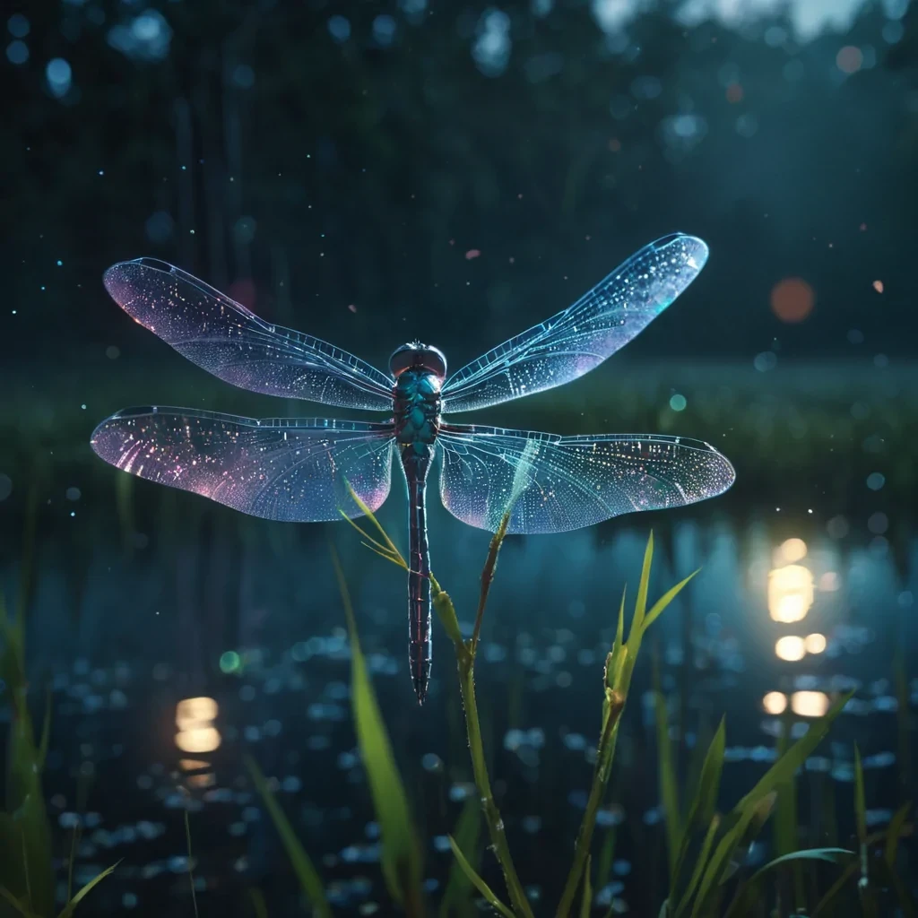 A levitating, crystalline dragonfly with iridescent wings, hovering above a lush, bioluminescent marsh at night, hyperrealistic, ultra HD, cinematic lighting, volumetric lighting, atmospheric effects, dynamic lighting, bokeh effect, soft focus, lens flare, pastel tones, detailed textures.