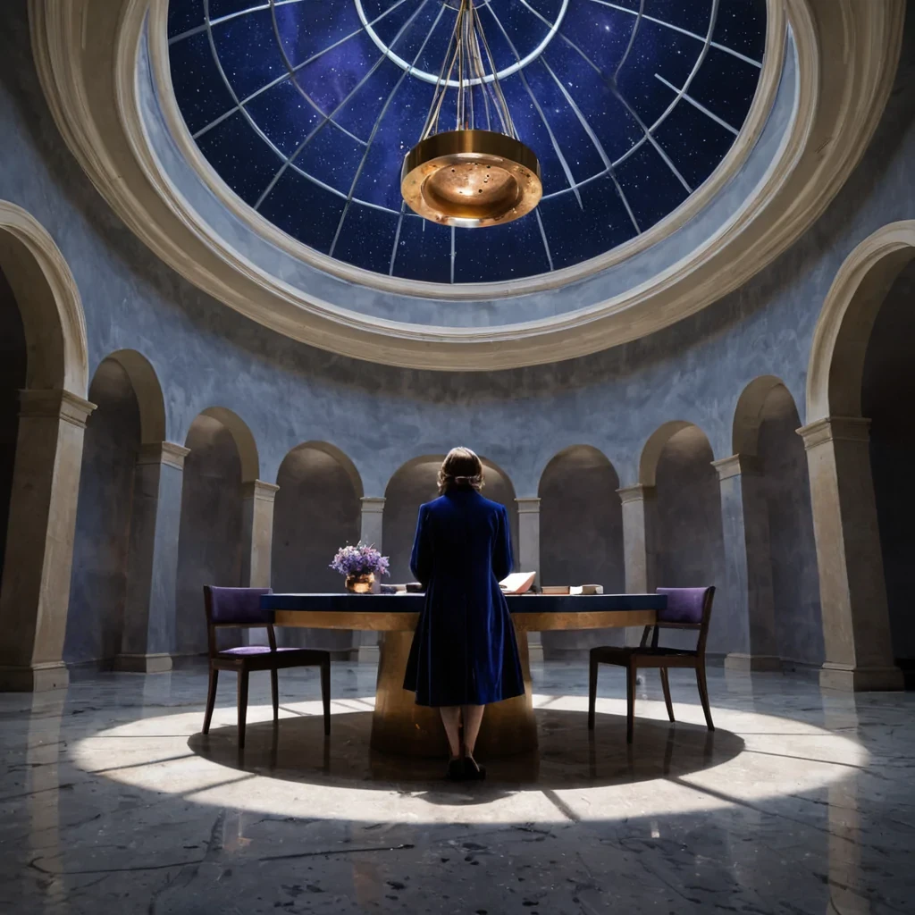 A hyperrealistic, lowangle medium shot of a quiet, circular atrium constructed from smooth, pale basalt, where the ceiling is a vast, transparent dome looking up into a starfilled sky of deep indigo. The room is filled with suspended, geometric chandeliers made of interlocking brass rings that rotate slowly, casting intricate, shifting shadows on the polished floor. In the center, a solitary figure wearing a tailored, midnightblue velvet coat with high, stiff lapels sits at a low, round table made of dark oak, carefully arranging a bouquet of dried lavender and dried orange slices that refract light like prisms. The table holds a steaming ceramic cup and an open book with pages made of thin, flexible copper sheets.