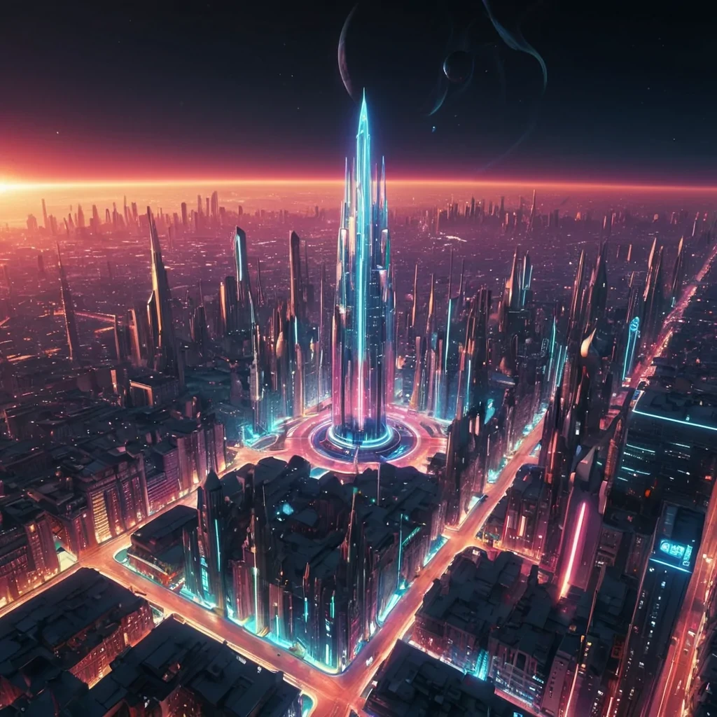 A hyperrealistic, 4K, ultra HD, neondrenched, retrofuturistic metropolis, its sleek, artdeco spires and geometric towers rising from a gleaming, chromeplated core. Volumetric lighting from a distant, pulsating, artificial sun etches the citys ethereal, labyrinthine architecture, casting intricate, dynamic, prismatic shadows on the inverted, reflective streets. Cinematic lighting bathes the scene in vibrant, electric hues, with lens flare emphasizing the citys central, radiant, neonlit obelisk, pulsating with captive, alien, electromagnetic energy. Photorealistic, fractal, neon formations unfurl ultra HD, zero gravity, aerodynamic transportation systems, creating a
